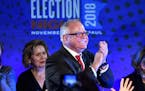 Governor-elect Tim Walz takes the stage for his acceptance speech at the DFL headquarters election party on Tuesday, Nov. 6, 2018, at the Intercontine