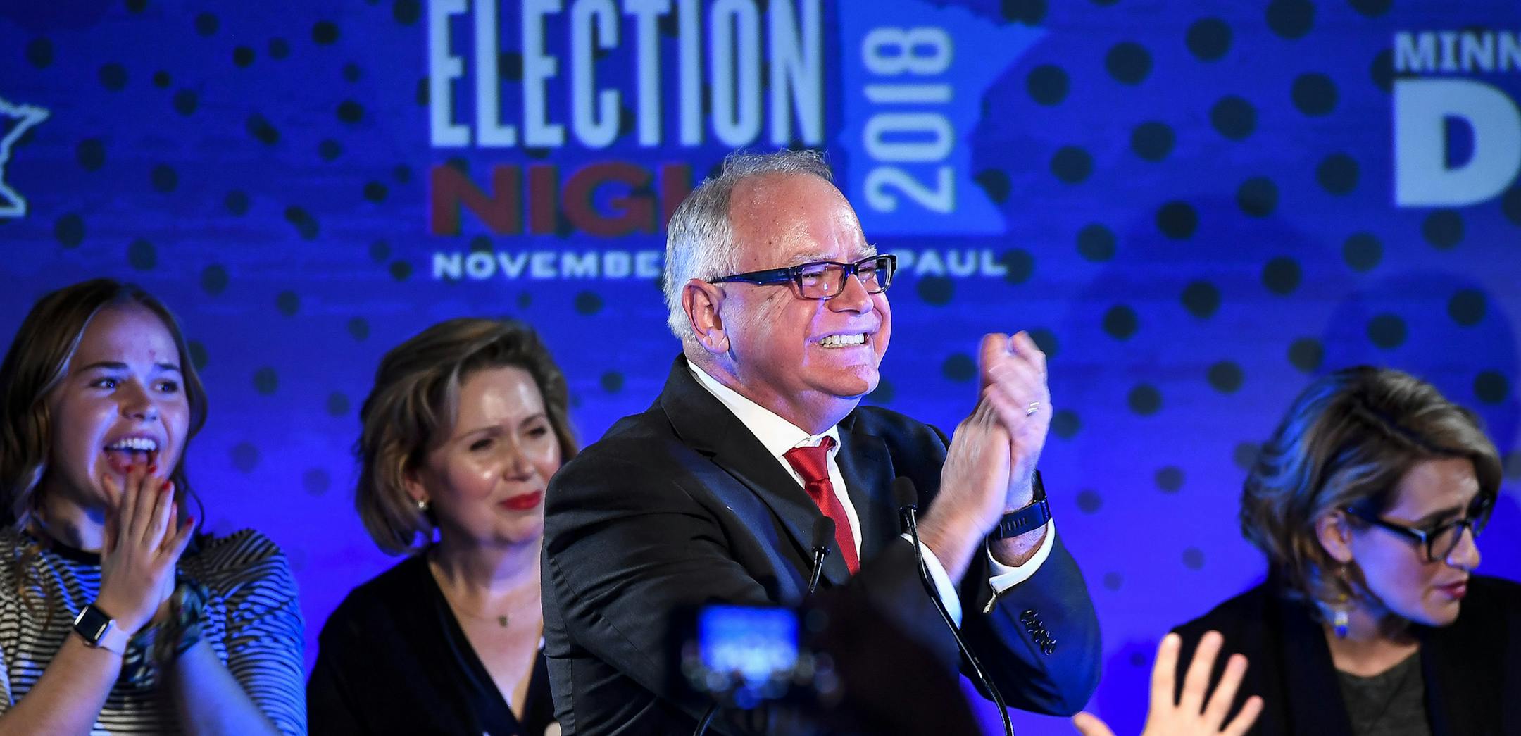 Governor-elect Tim Walz takes the stage for his acceptance speech at the DFL headquarters election party on Tuesday, Nov. 6, 2018, at the Intercontinental Hotel in St. Paul, Minn. (Aaron Lavinsky/Minneapolis Star Tribune/TNS) ORG XMIT: 1244489