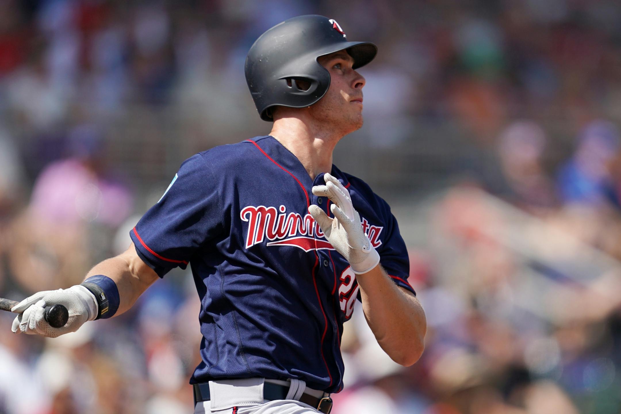 Minnesota Twins right fielder Max Kepler (26) watched as he hit a second home run in his second at bat during Sunday's game.