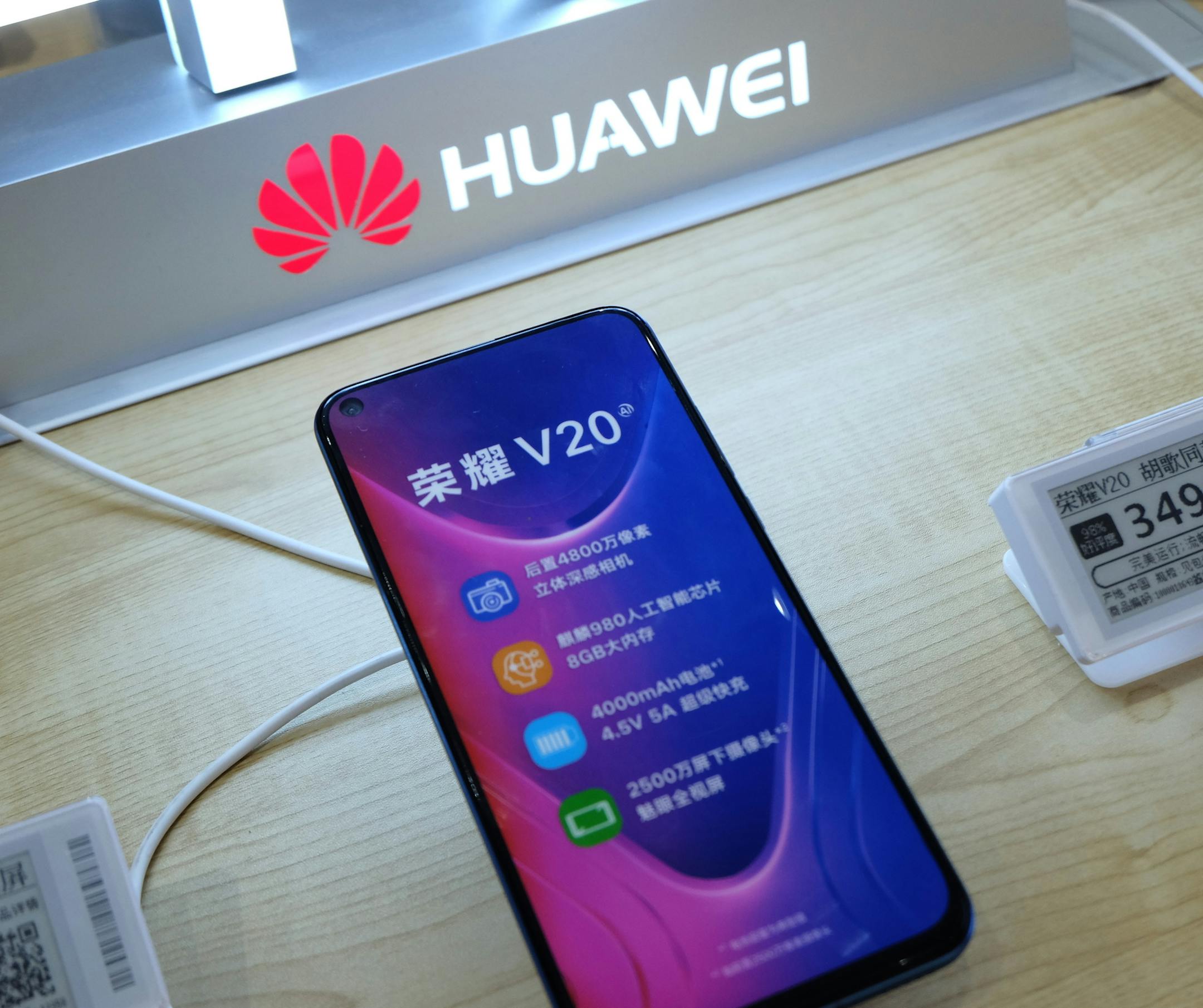 --FILE--A Huawei Honor V20 smartphone is on display at a store in Kunshan city, east China's Jiangsu province, 6 April 2019. Huawei is pushing cash-strapped South Asian nations to adopt its low-cost 5G technology as the tech behemoth moves to fend off U.S. claims that it's a proxy for Chinese spying. (Imaginechina via AP Images) ORG XMIT: NYWWP