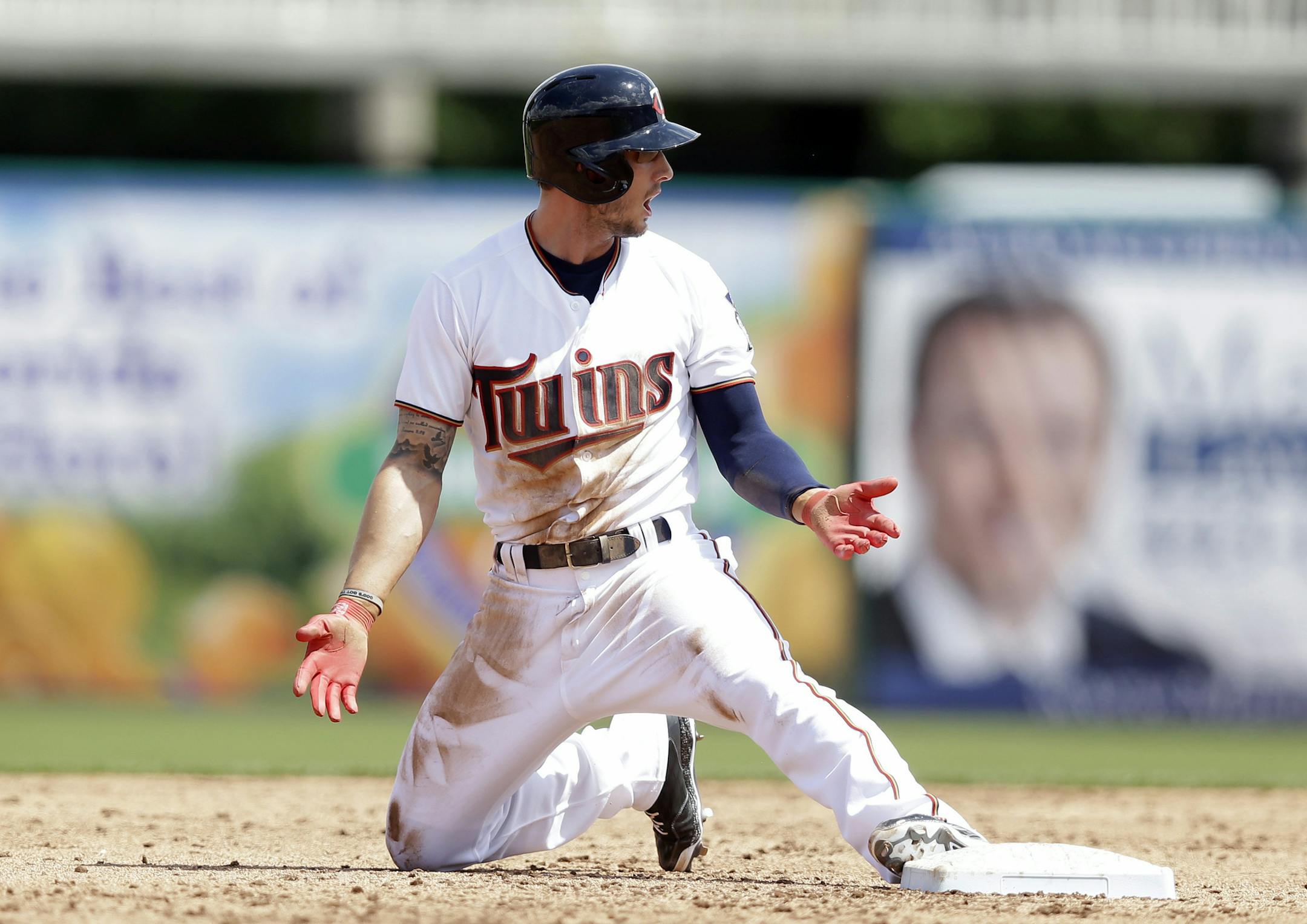 Minnesota Twins' Jordan Schafer reacts after he was caught stealing second base during the third inning during an exhibition spring training baseball game against the Tampa Bay Ray, Wednesday, March 11, 2015, in Fort Myers Fla. (AP Photo/Brynn Anderson)