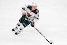 Minnesota Wild’s Kirill Kaprizov early in the game against Boston, before being boarded by Trent Frederic