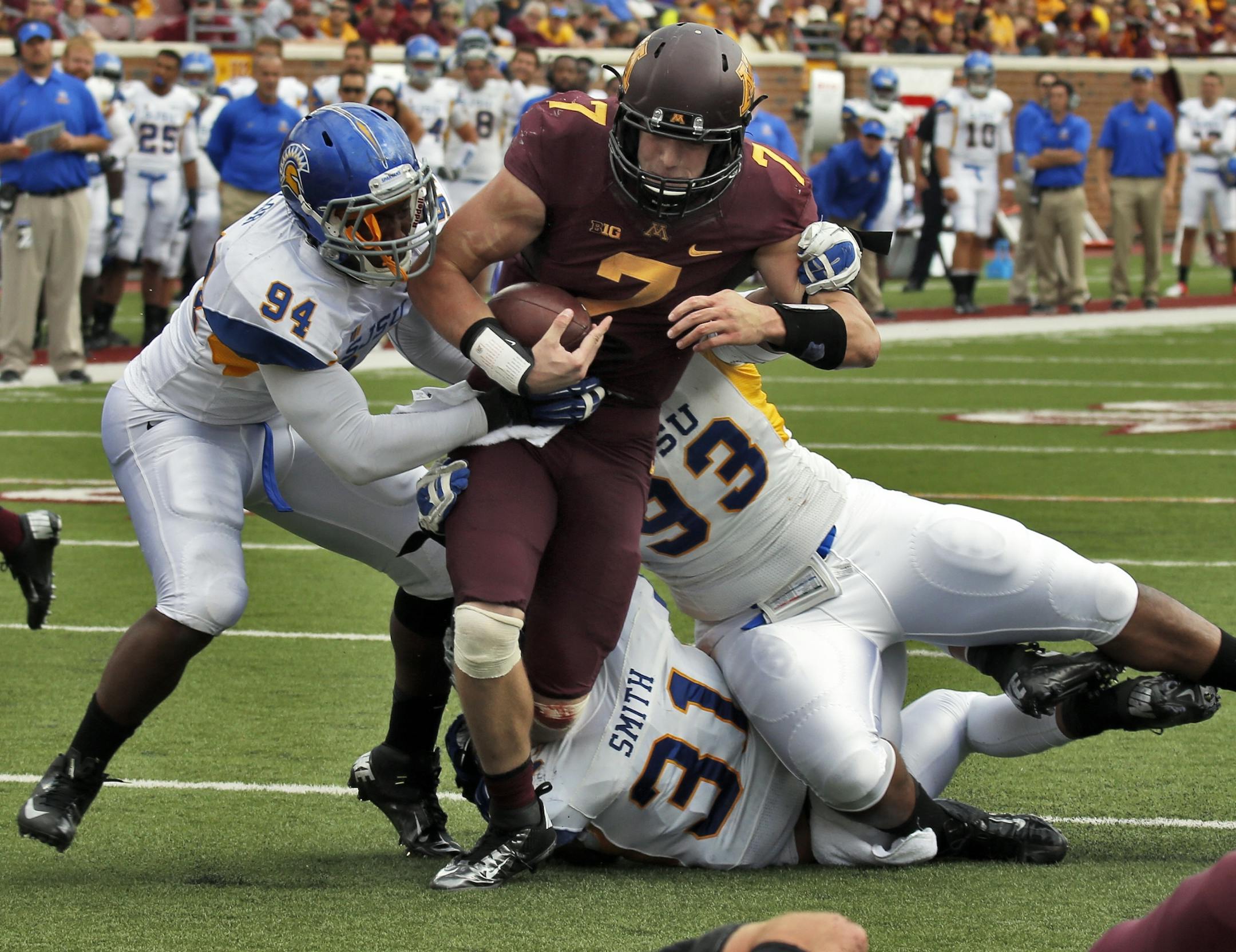 Minnesota Gophers vs. San Jose State football. Minnesota quarterback Mitch Leidner dragged San Jose State tacklers with him as he ran to the 1-yard line to set up a Gophers touchdown in first half action. (MARLIN LEVISON/STARTRIBUNE