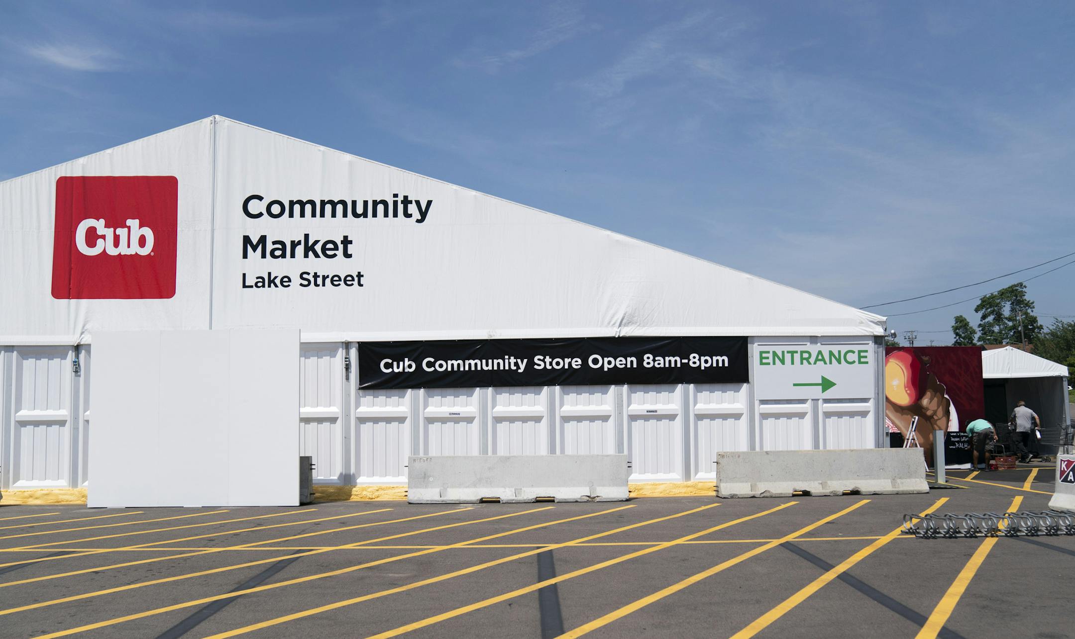 The new temporary tent-like Cub Foods in the parking lot of the Lake Street store in Minneapolis that closed after it was damaged and looted in the aftermath of George Floyd's murder.