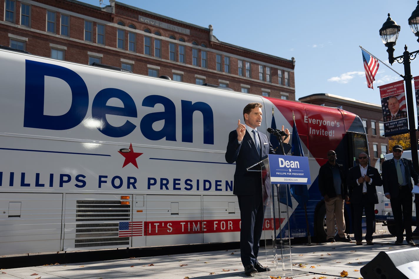 After signing a declaration of candidacy to run for president, Dean Phillips walked out of the New Hampshire Statehouse to address the crowd on Friday.