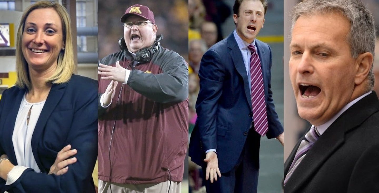 From left: Gophers interim athletic director Beth Goetz; football coach Tracy Claeys; men's basketball coach Richard Pitino; men's hockey coach Don Lucia.