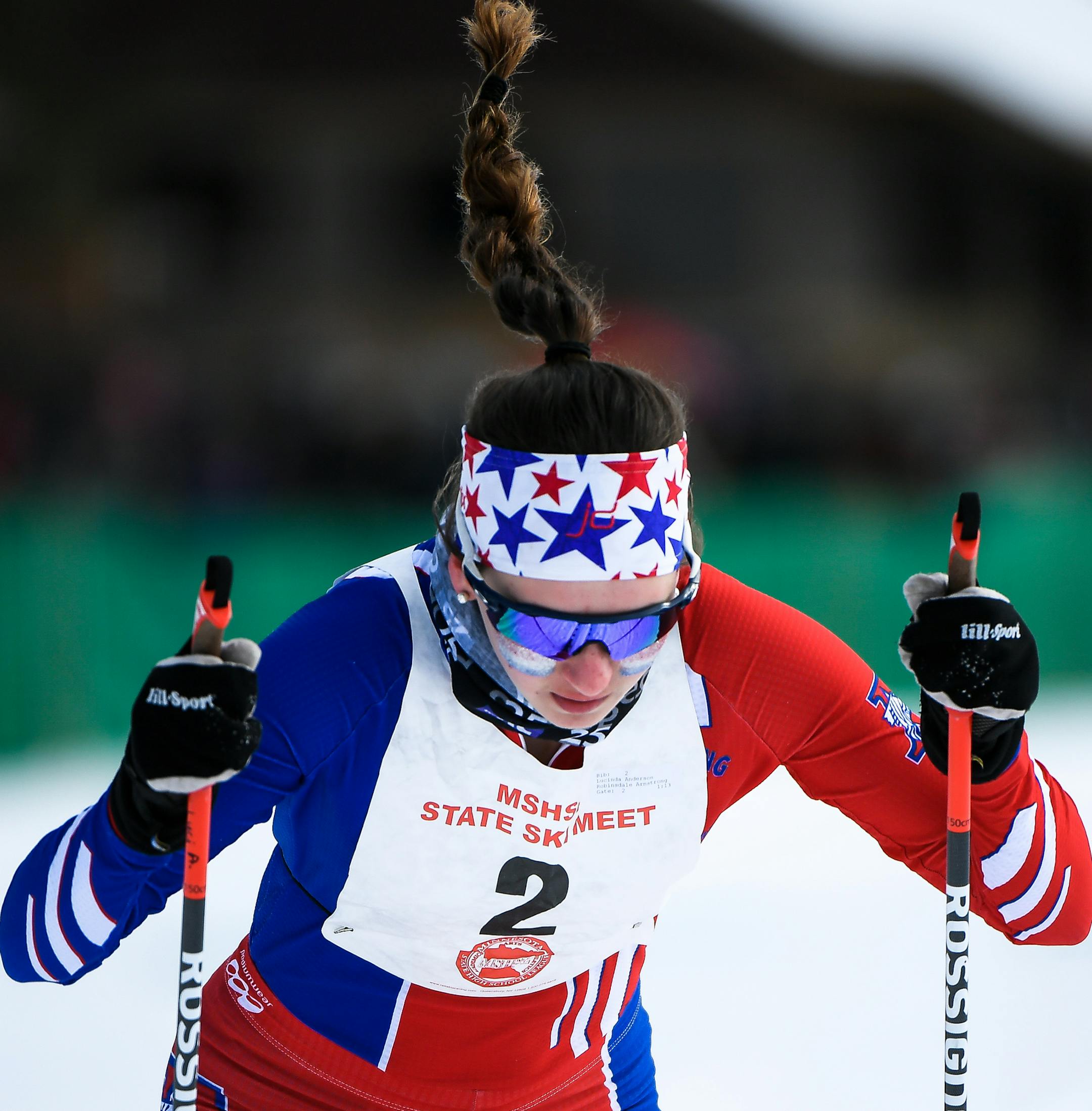 Robinsdale Armstrong's Lucinda Anderson competed in the 5k classic Thursday at the cross country state meet. ] AARON LAVINSKY ï aaron.lavinsky@startribune.com The cross country skiing state meet was held Thursday, Feb. 15, 2018 at Giants Ridge in Biwabik, Minn.
