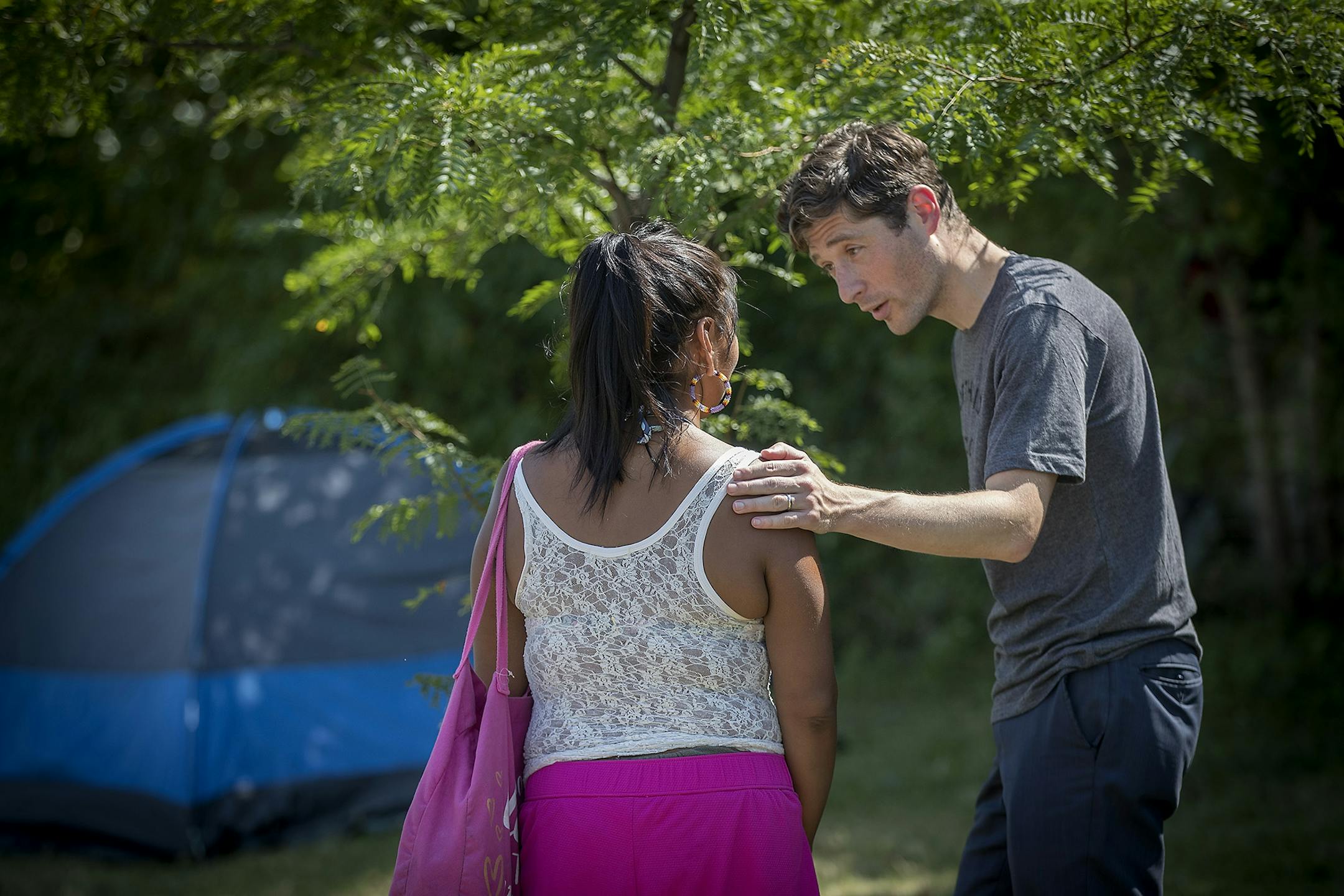 Minneapolis Mayor Jacob Frey visited a homeless encampment near 16th Avenue South & East Franklin Avenue along with Minneapolis Police Chief Medaria Arradondo and Minneapolis Police Sgt. Grant Snyder, Wednesday, August 8, 2018 in Minneapolis, MN.