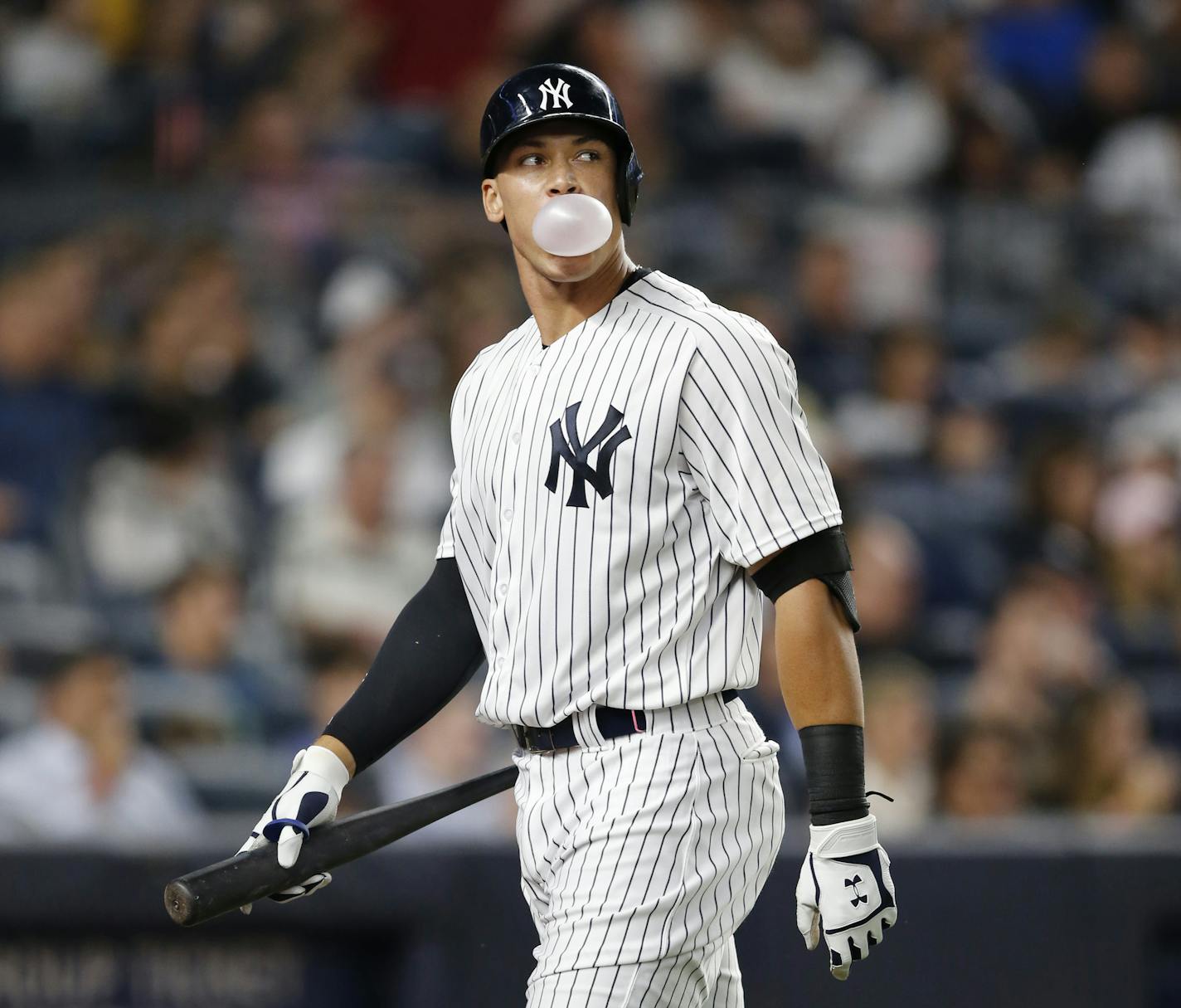 New York Yankees Aaron Judge blows a bubble after striking out during the fifth inning of a baseball game against the Los Angeles Angels in New York, Thursday, June 22, 2017. Judge hit a three-run home run earlier in the game. (AP Photo/Kathy Willens) ORG XMIT: OTKKW101