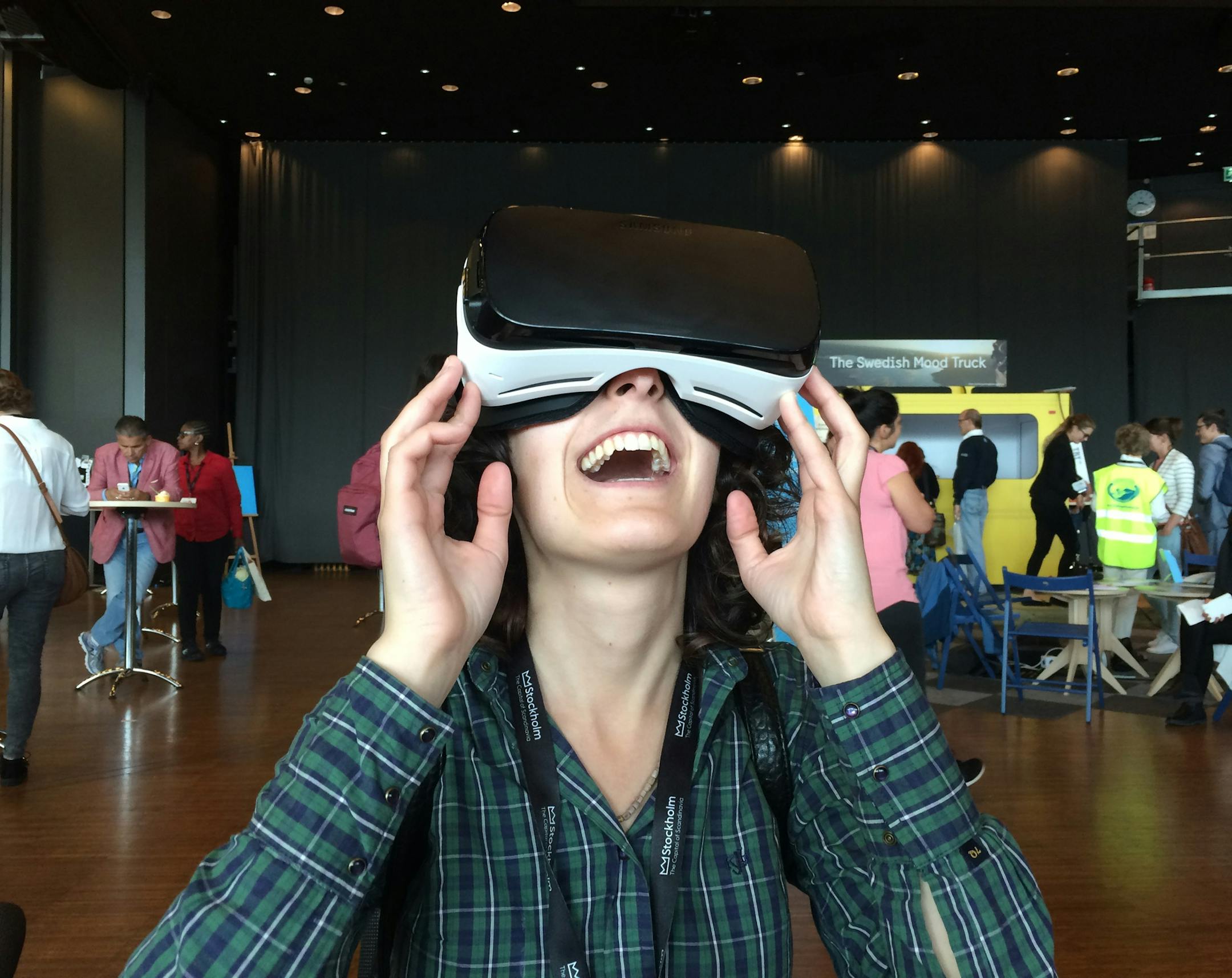 Attendees of a recent tourism show in Stockholm, Sweden check out the Mall of America&#xed;s megamall&#xed;s virtual reality experience that gives them a glimpse of what it&#xed;s like to be inside the giant megamall.