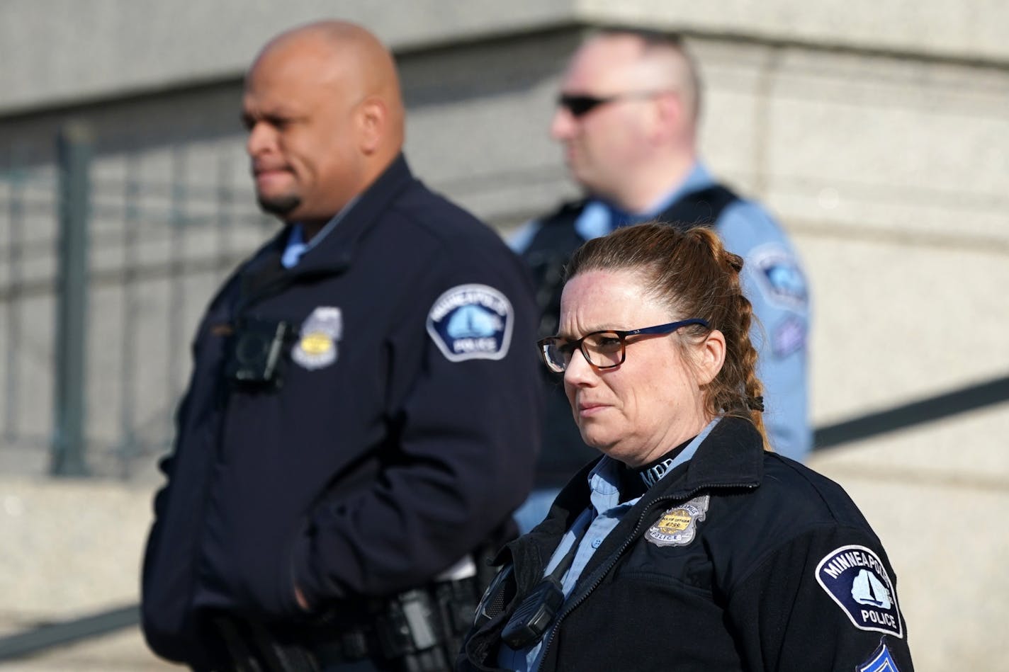 A small group of Minneapolis police officers joined fellow members of the states emergency response community including firefighters, nurses, corrections officers and public health workers as they gathered, while observing recommended distancing, for a press conference to ask the legislator to provide them with worker protections amid the Coronavirus pandemic Thursday.