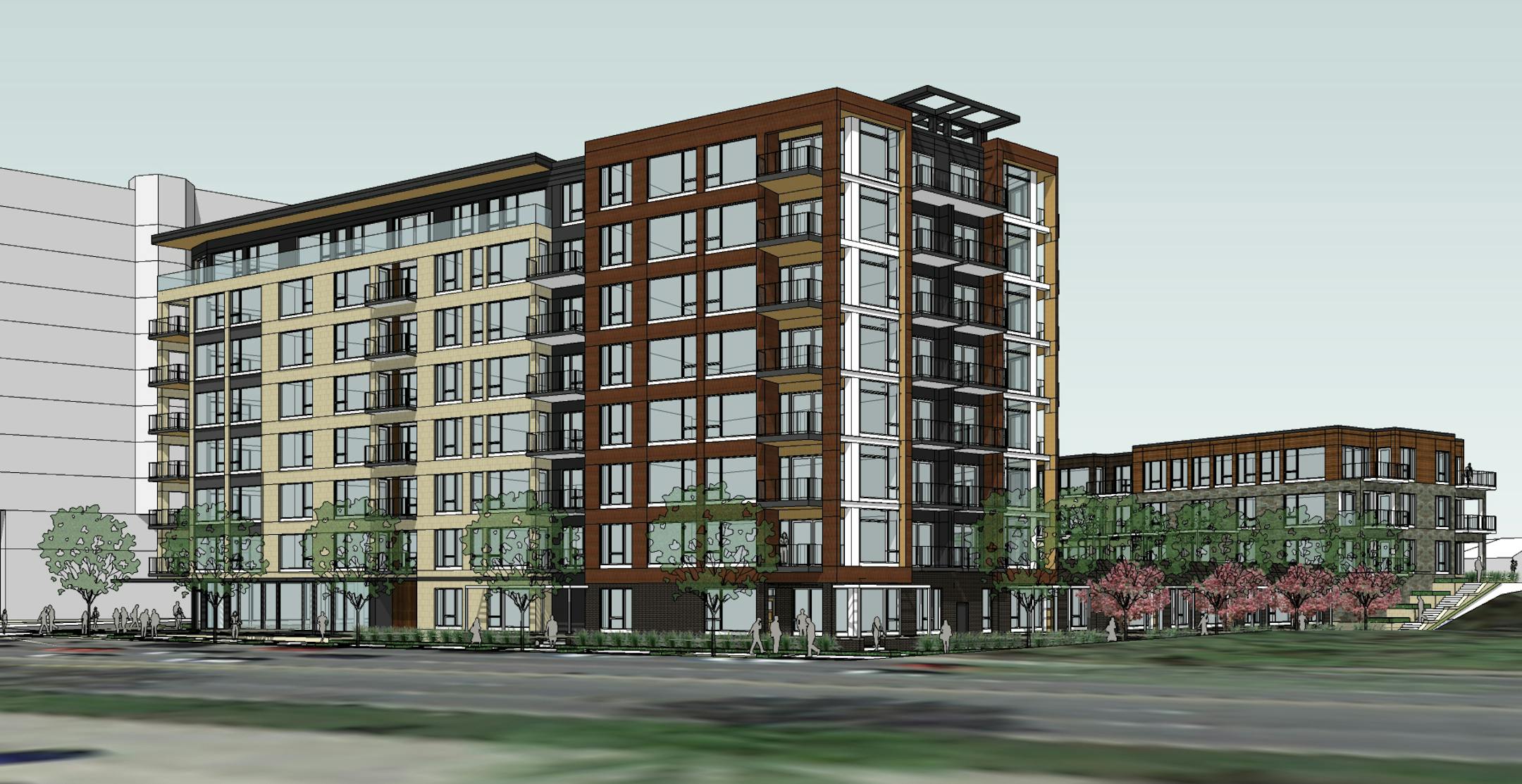 Proposed Greystar Apartment Project looking west across Lake Street with Calhoun Beach Club Apartments in the background.