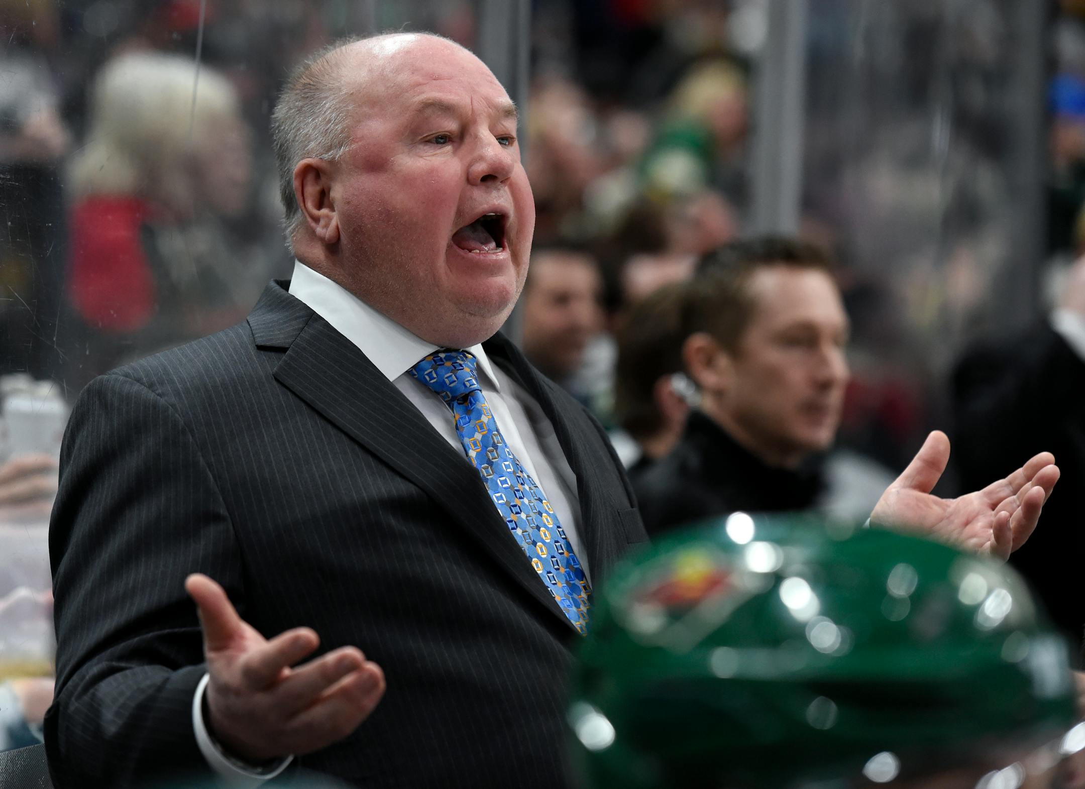 Minnesota Wild head coach Bruce Boudreau reacts to a no goal call against the Boston Bruins during the second period of an NHL hockey game Sunday, March 25, 2018, in St. Paul, Minn. (AP Photo/Hannah Foslien)