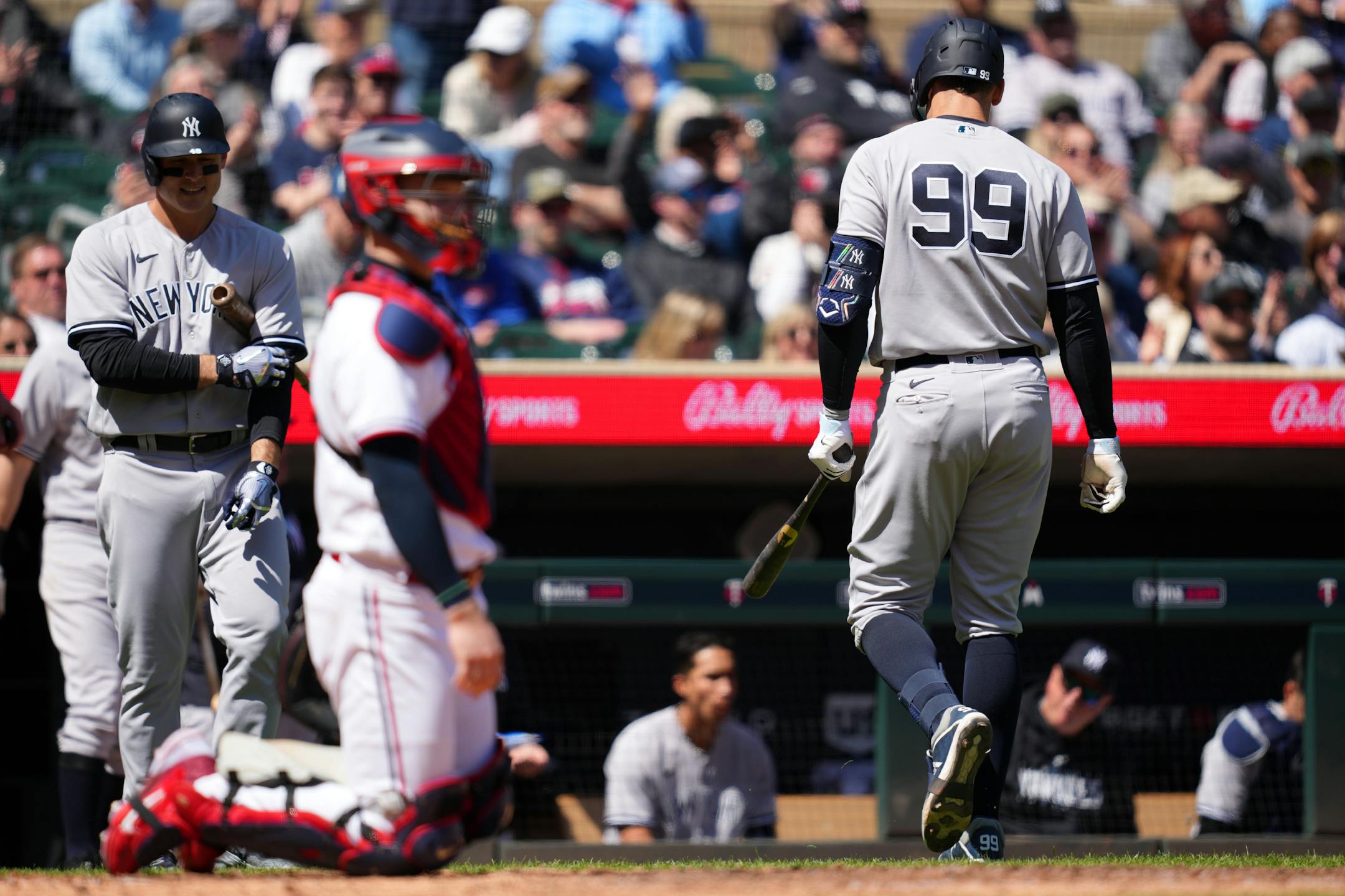 New York Yankees center fielder Aaron Judge (99) is called out on strikes in the eighth inning.