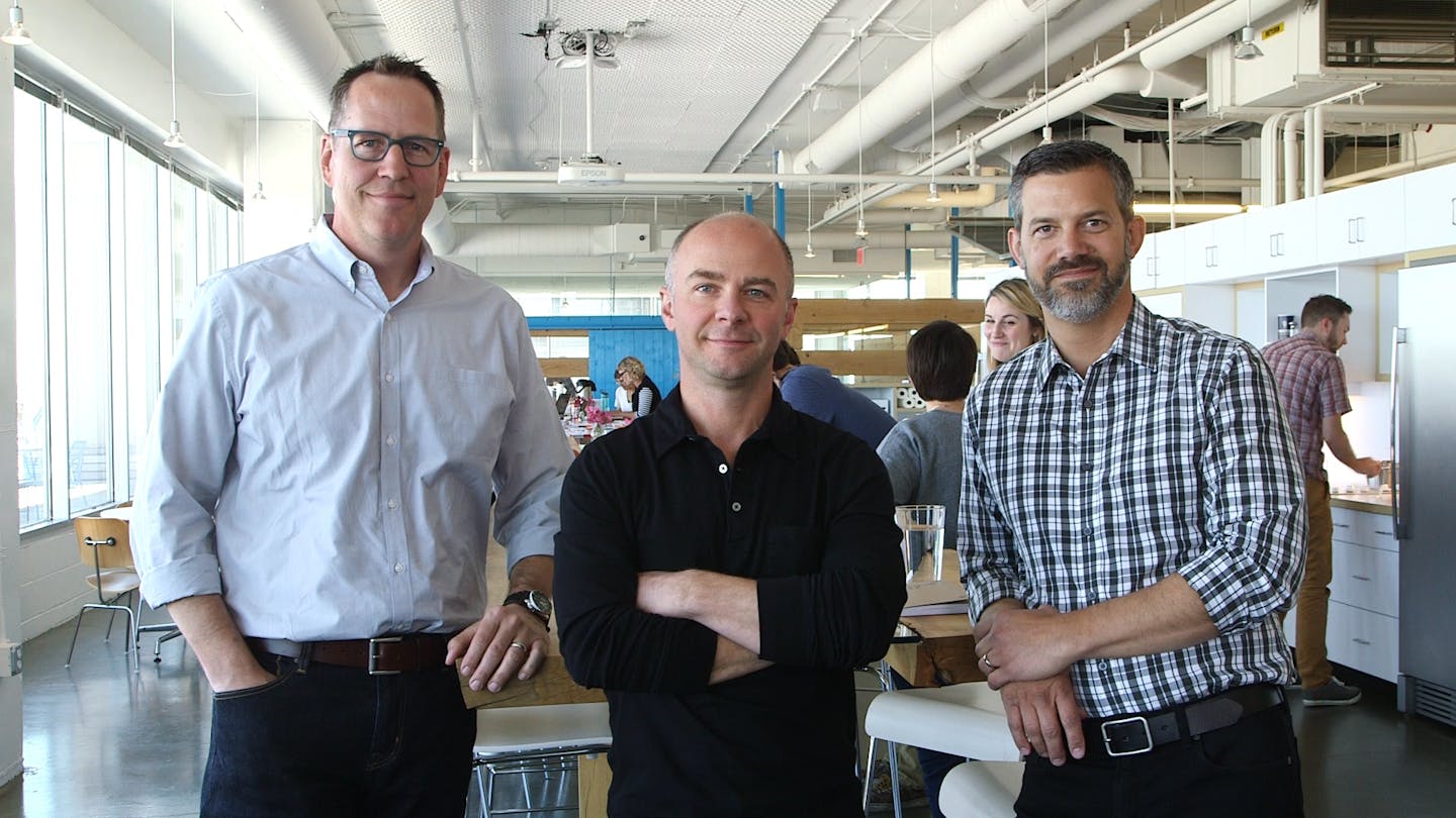 Left to right, Jim Scott, Chris Lange, Michael Hart, co-founders of the ad agency Mono.