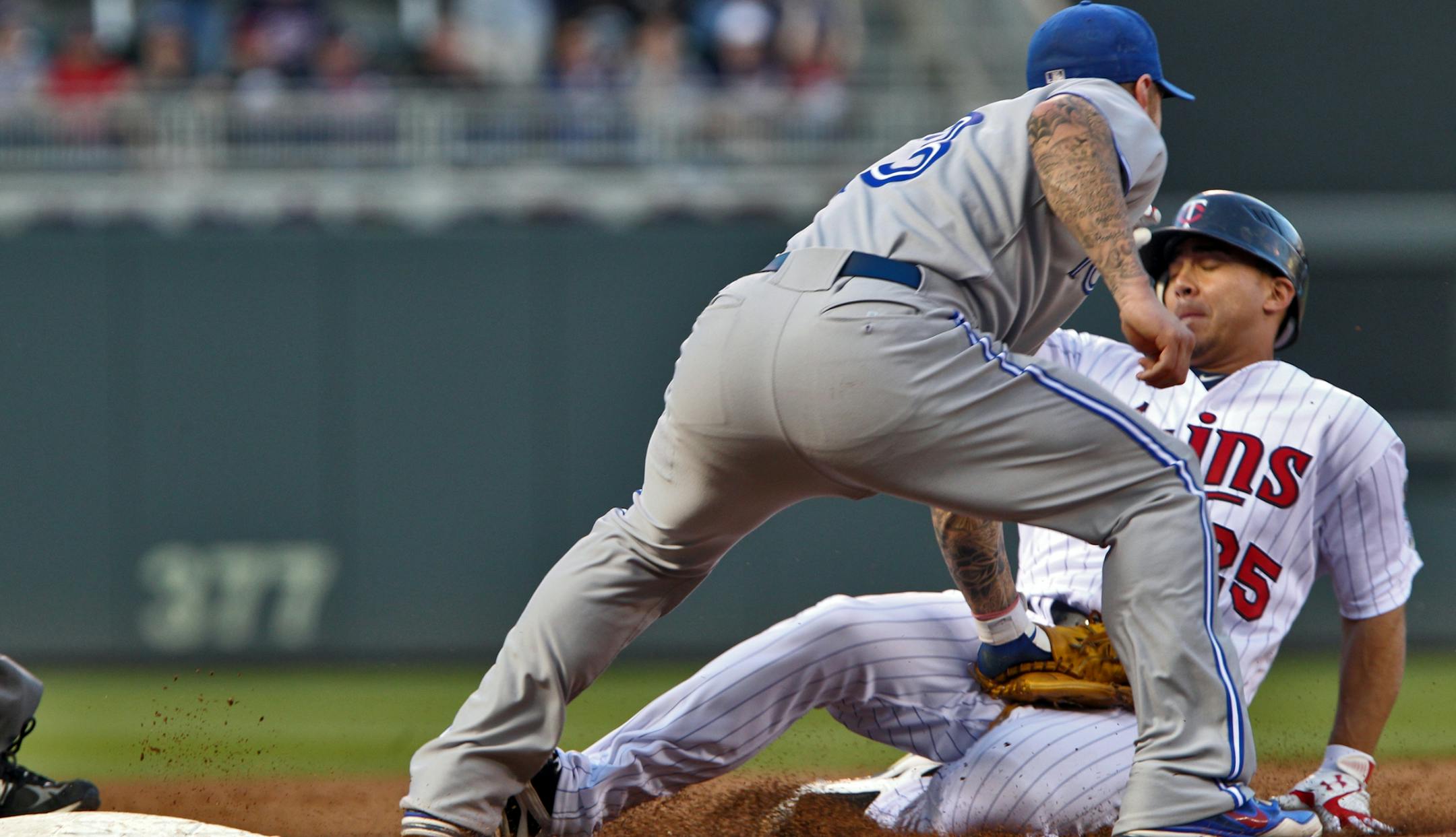 Twins outfielder Erik Komatsu was tagged out by at third base by Brett Lawrie when Komatsu tried to advance two bases on a throwing error following his bunt single. It was the third out of the inning.