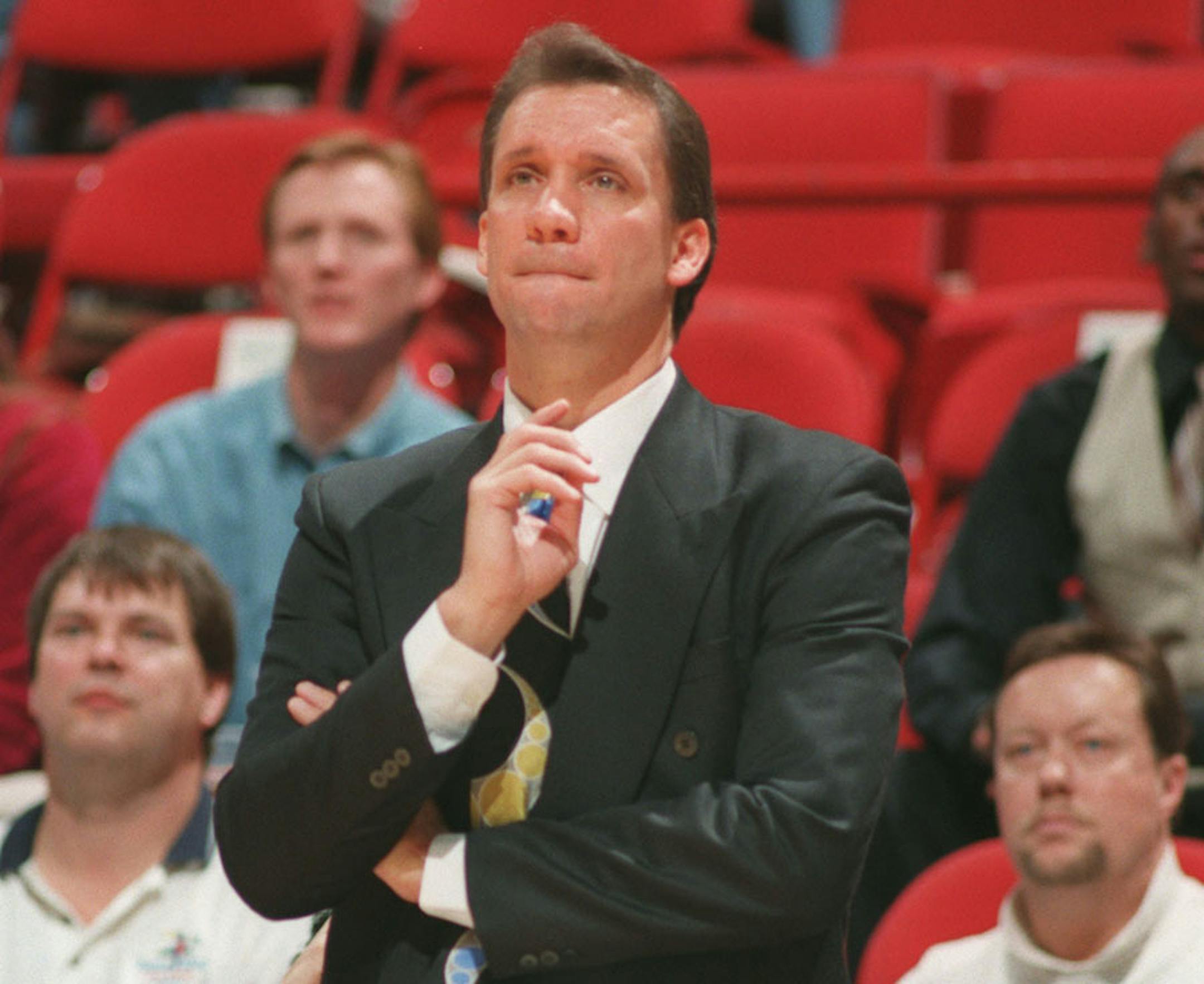 Head coach Phil Flip Saunders watches intently as the Minnesota Timberwolves gain against the Boston Celtics. 10/24/1996