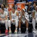 The Minnesota Lynx bench watches as they lose to the Seattle Storm during the end of the fourth quarter at Target Center in Minneapolis, Minn., on Fri