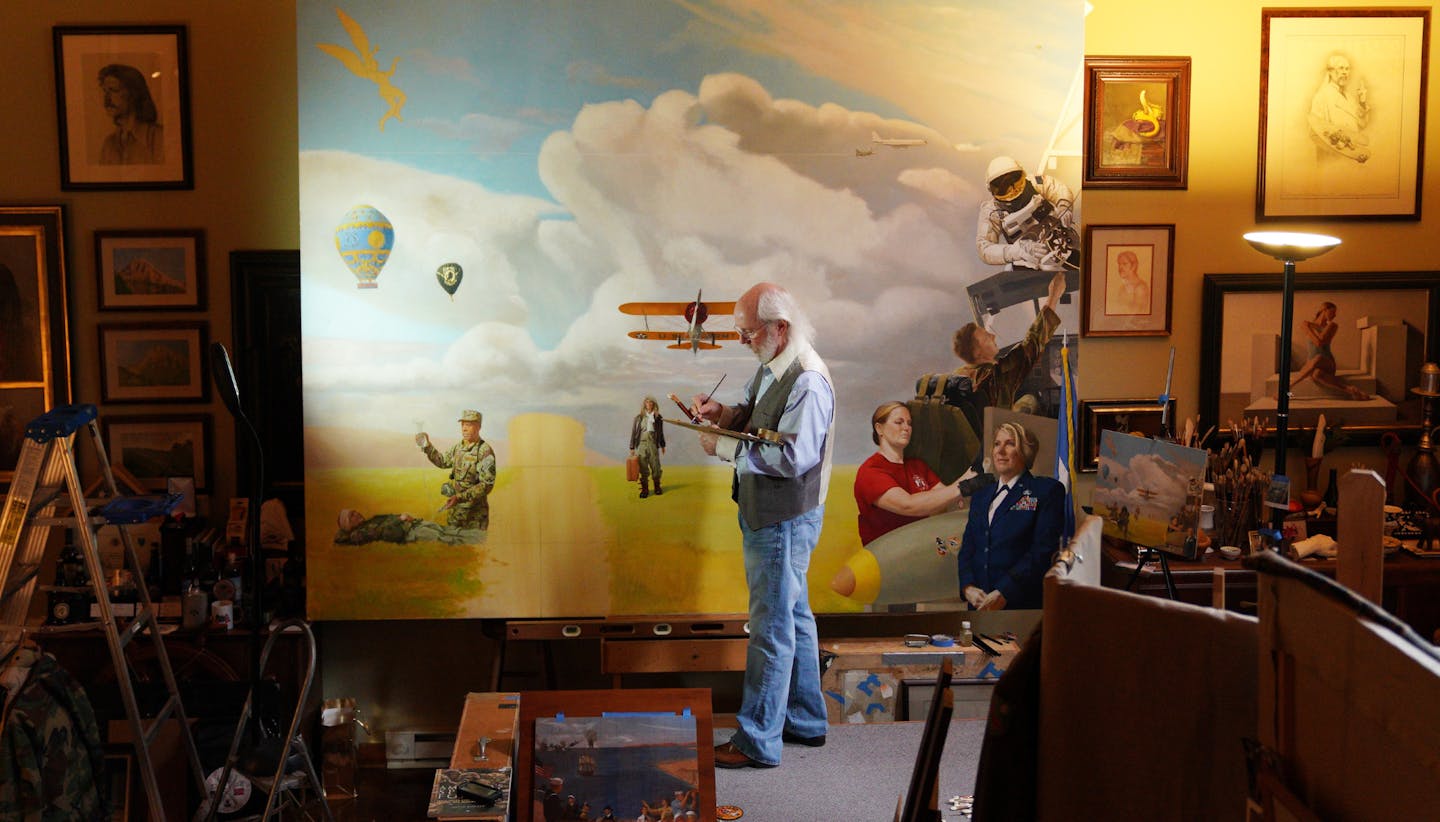 Classically trained Italian fresco painter Charles Gilbert Kapsner worked on the last of five murals for his 10-year U.S. war veterans project at his studio in Little Falls. ] ANTHONY SOUFFLE &#x2022; anthony.souffle@startribune.com Classically trained Italian fresco painter Charles Gilbert Kapsner worked on the last of five murals for his 10-year U.S. war veterans project Wednesday, May 8, 2019 at his studio in Little Falls, Minn. The murals, which are on view at the MN State Veterans Cemetery,