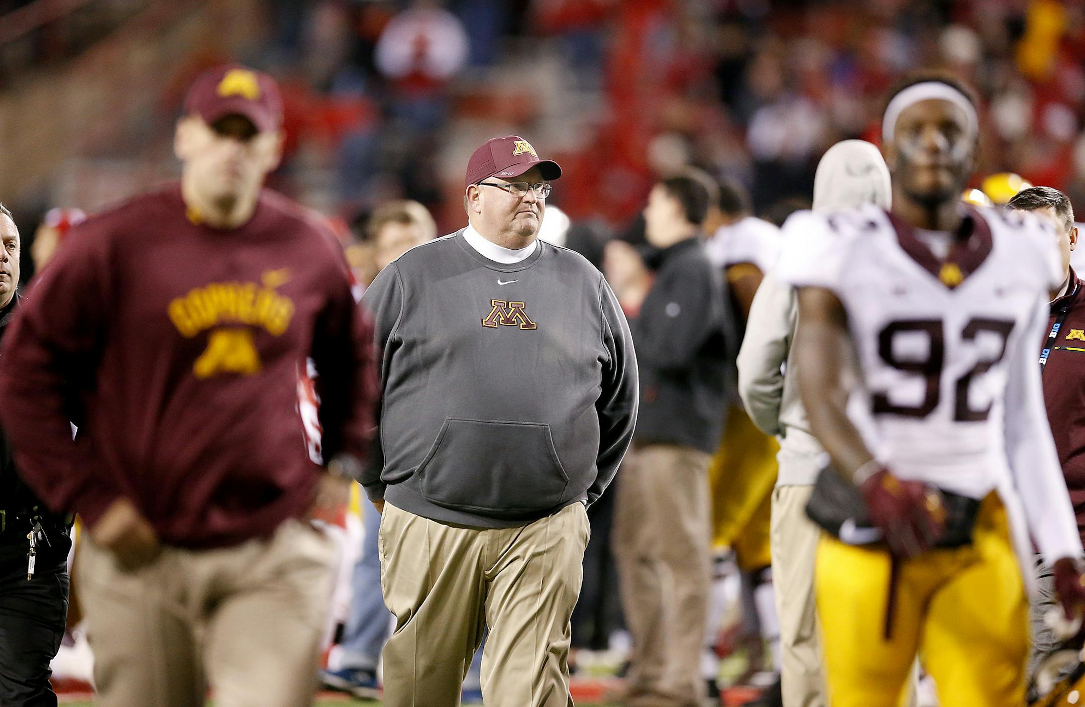 Minnesota's head coach Tracy Claeys made his way off the field after their 24-17 loss to Nebraska at Tom Osborne Field at Memorial Stadium, Saturday, November 12, 2016 in Lincoln, Nebraska. ] (ELIZABETH FLORES/STAR TRIBUNE) ELIZABETH FLORES • eflores@startribune.com