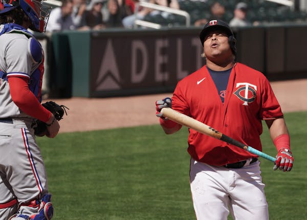 The Twins on Thursday couldn't find their bats when they needed them most. Willians Astudillo reacts after striking out in the 10th inning.