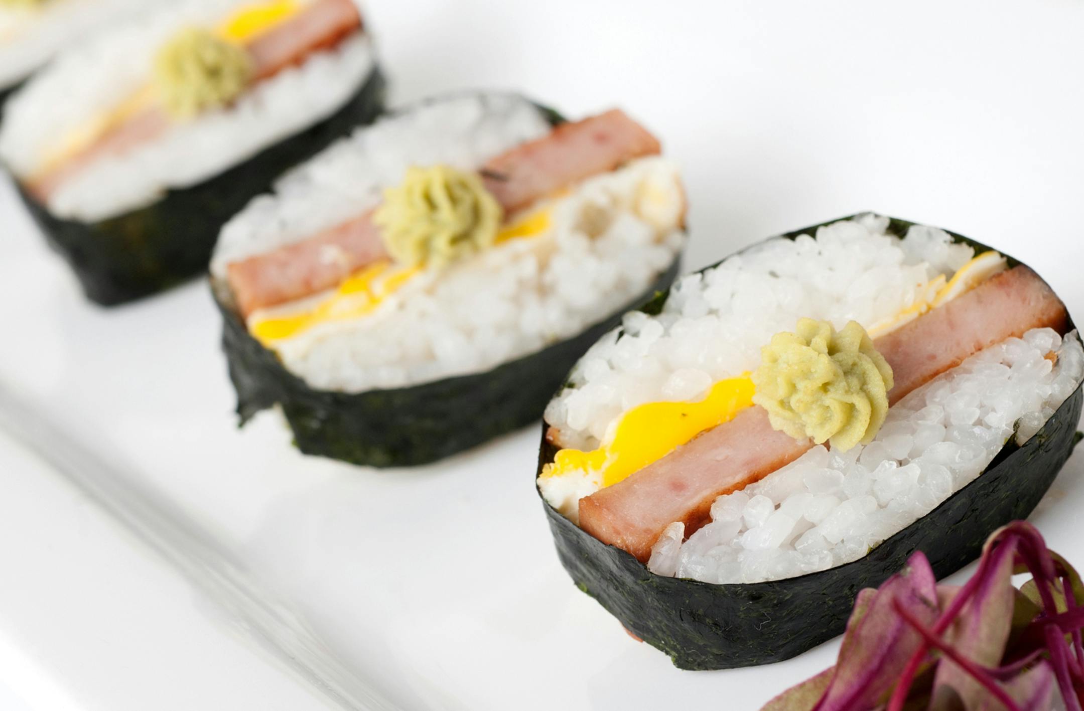The SPAM sushi is grilled SPAM, suchi rice, fried egg and wasabi rolled in nori at Sushi Rolls. Photo provided by Minnesota State Fair