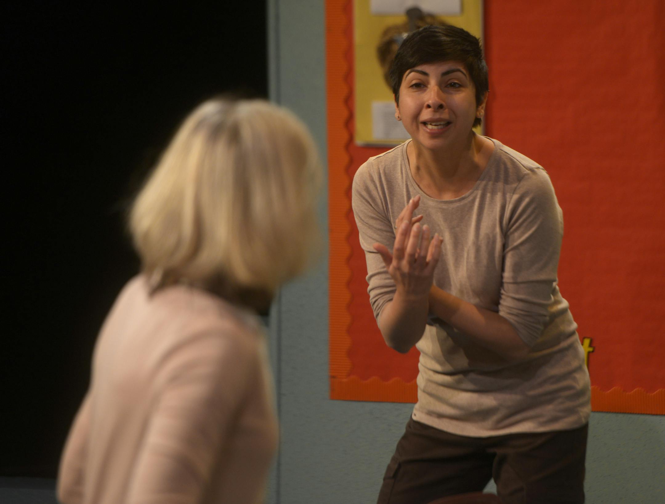 Aditi Kapil rehearses a scene in director Noel Raymond's "Gidion's Knot," a suspenseful drama about a tragedy that binds a teacher and parent together. ] (AMANDA SNYDER/ Special to the Star Tribune) ORG XMIT: MIN1402172241561751