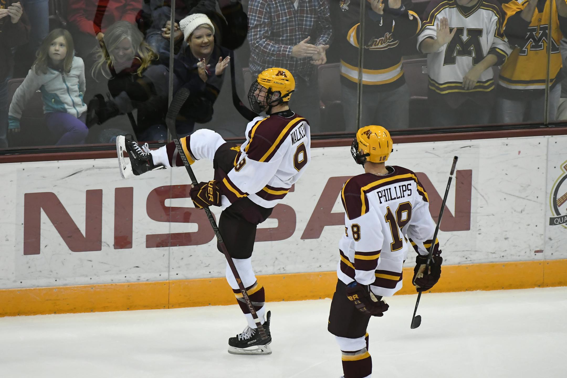 Minnesota Golden Gophers forward Sammy Walker (9) celebrated his first goal as a Gopher in the second period against the Minnesota-Duluth Bulldogs. ] AARON LAVINSKY &#x2022; aaron.lavinsky@startribune.com The University of Minnesota Golden Gophers men's hockey team played the University of Minnesota-Duluth Bulldogs on Sunday, Oct. 7, 2018 at the 3M Arena at Mariucci in Minneapolis, Minn.