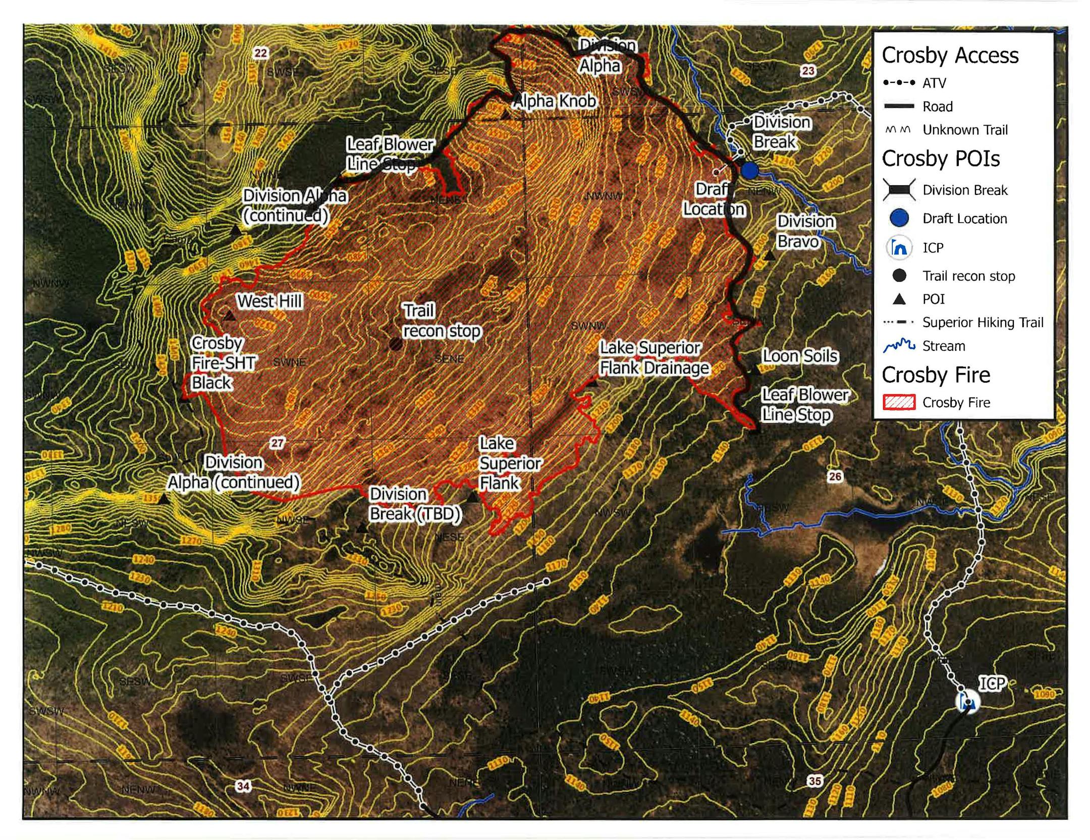 Map of the Crosby fire burning in North Shore.
