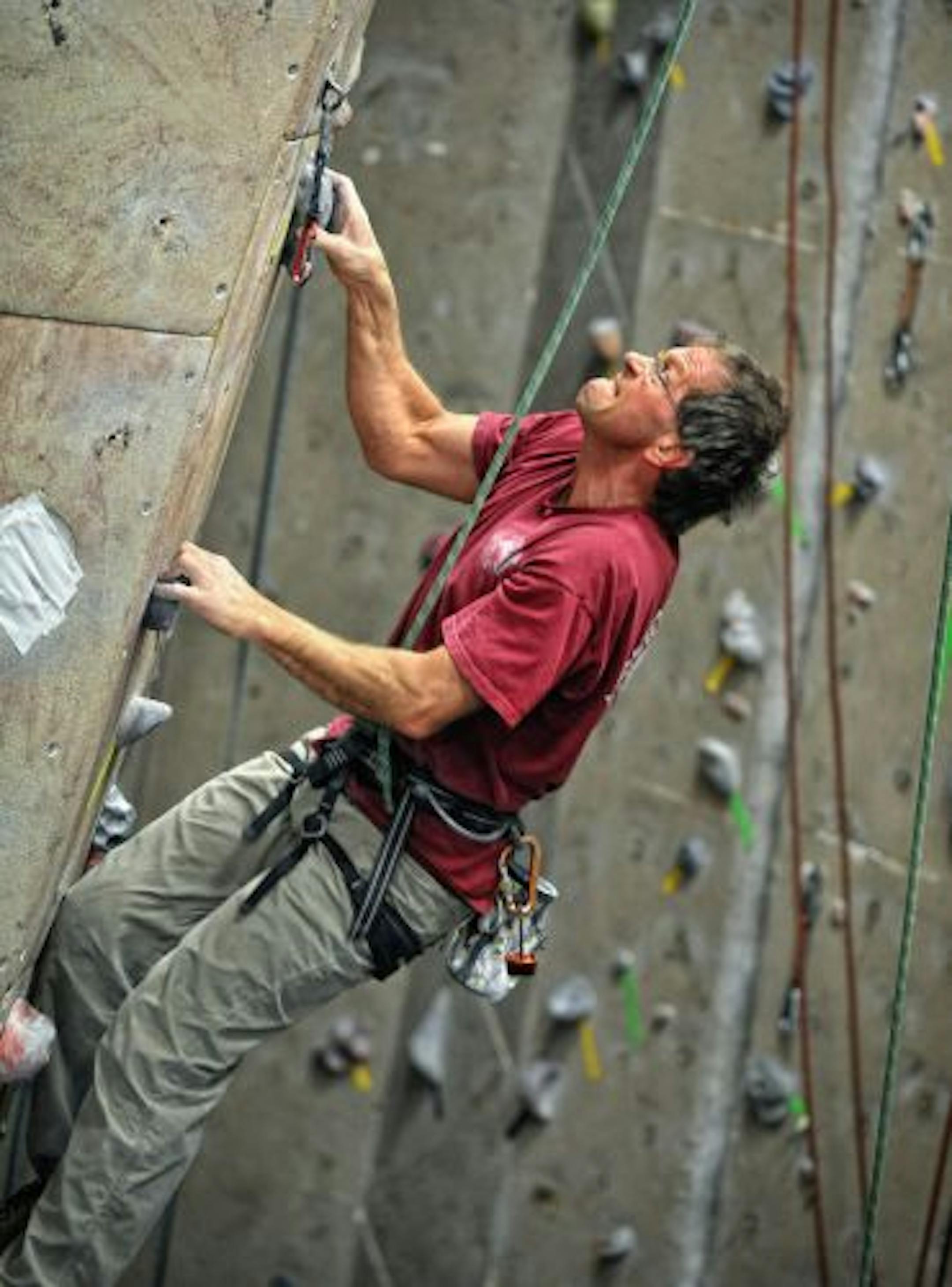 Greg Martin practiced climbing at Vertical Endeavors in St. Paul. He heads off to a month-long climbing trip to Potrero Chico, Mexico with 2500 to 6000-foot-climbs.