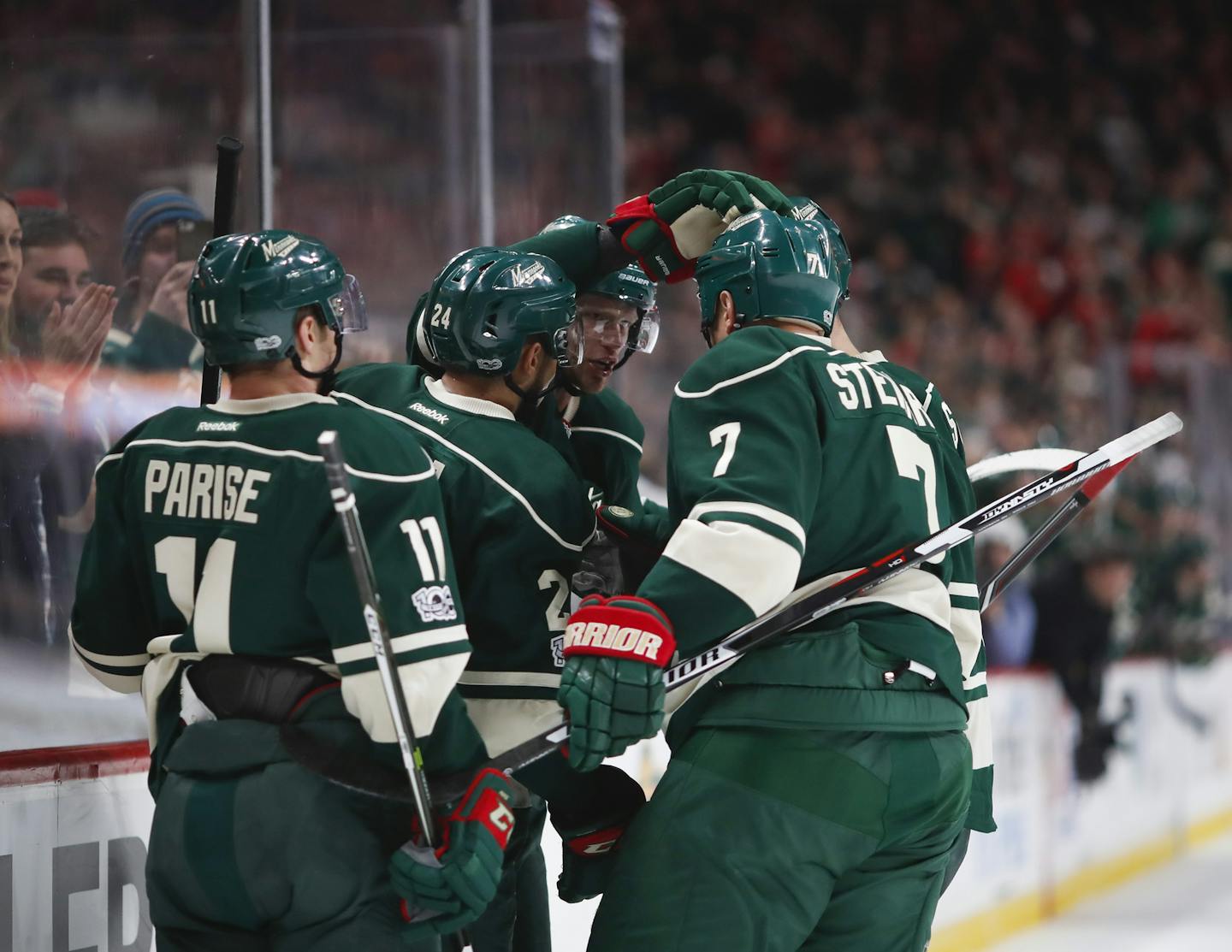 Minnesota Wild center Eric Staal (12) celebrated with his linemates after he scored the second Wild goal of the first period. ] JEFF WHEELER &#xef; jeff.wheeler@startribune.com The Minnesota Wild faced the San Jose Sharks in an NHL hockey game Sunday evening, March 5, 2017 at Xcel Energy Center in St. Paul. Prior the game, Carter Casey was Make-A-Wish Minnesota's 5000th wish recipient when he was signed to a one-day contract by Wild head coach Bruce Boudreau. Casey, of Breckenridge, is an avid h