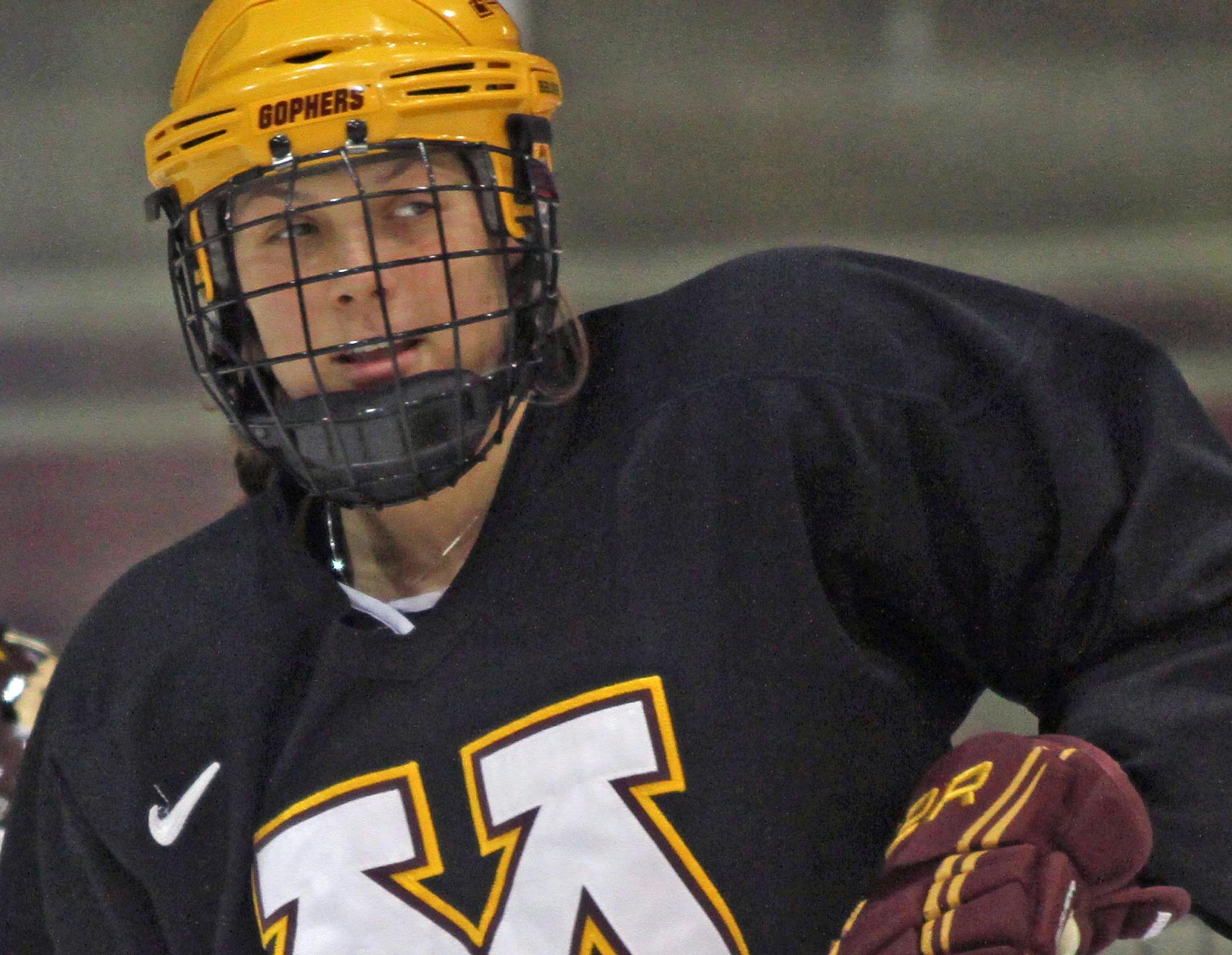 (center) Gophers Women's Hockey Defender Megan Bozek guarded the crease during praction on 1/30/13 at the Ridder Center.] Bruce Bisping/Star Tribune bbisping@startribune.com Megan Bozek/roster.