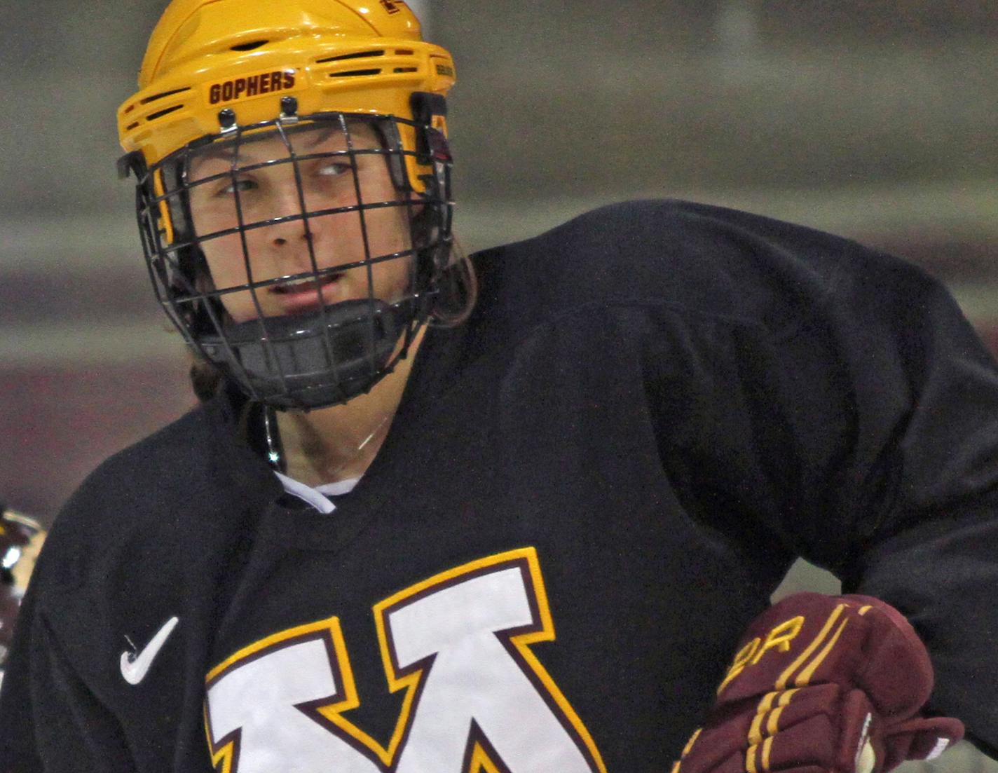 (center) Gophers Women's Hockey Defender Megan Bozek guarded the crease during praction on 1/30/13 at the Ridder Center.] Bruce Bisping/Star Tribune bbisping@startribune.com Megan Bozek/roster.