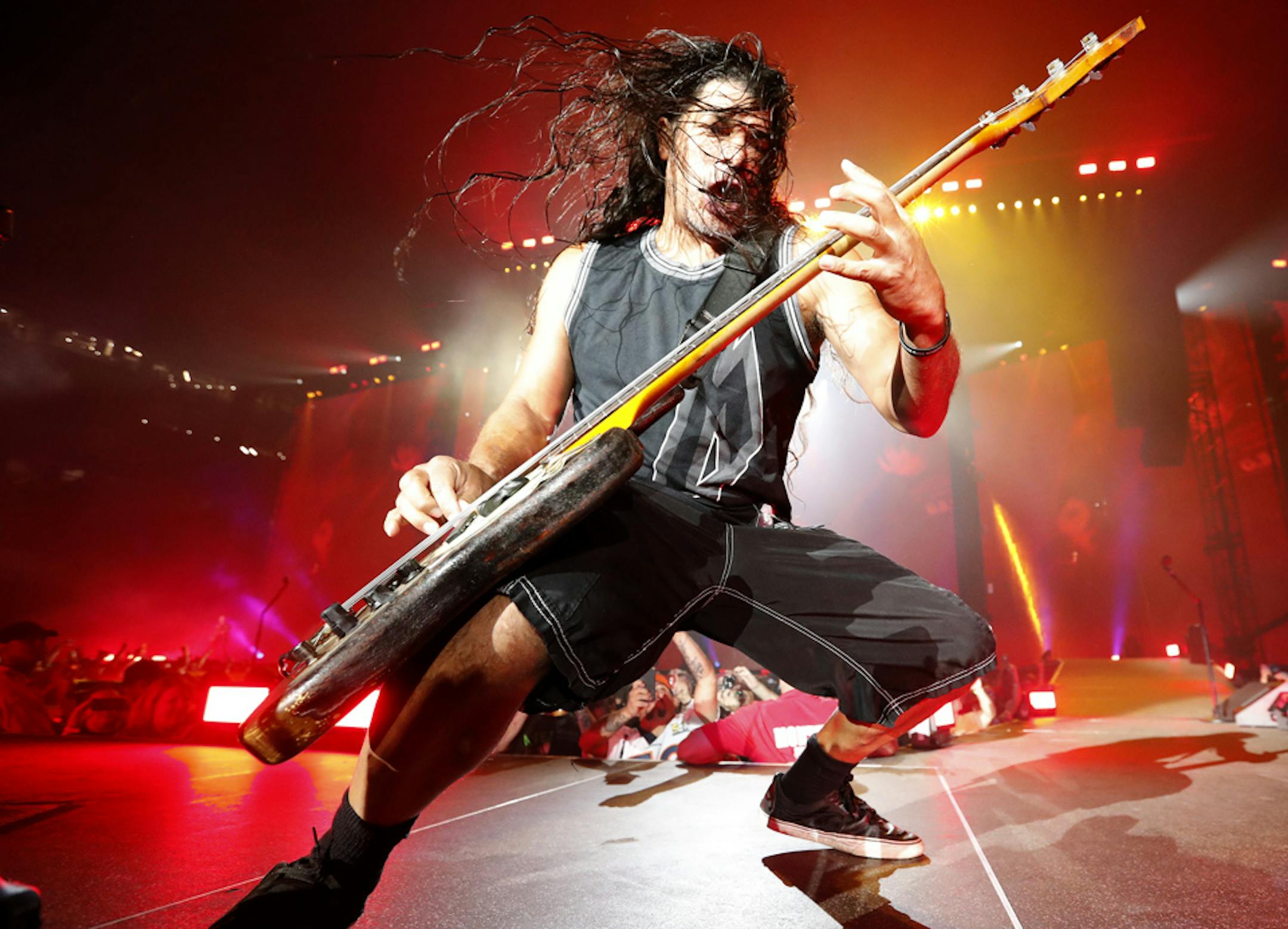 Metallica bass player Robert Trujillo during a performance at US Bank Stadium. ] CARLOS GONZALEZ cgonzalez@startribune.com - August 20, 2016, Minneapolis, MN, US Bank Stadium, Metallica in Concert