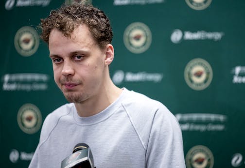 Joel Eriksson Ek of the Minnesota Wild during an end of season press conference.