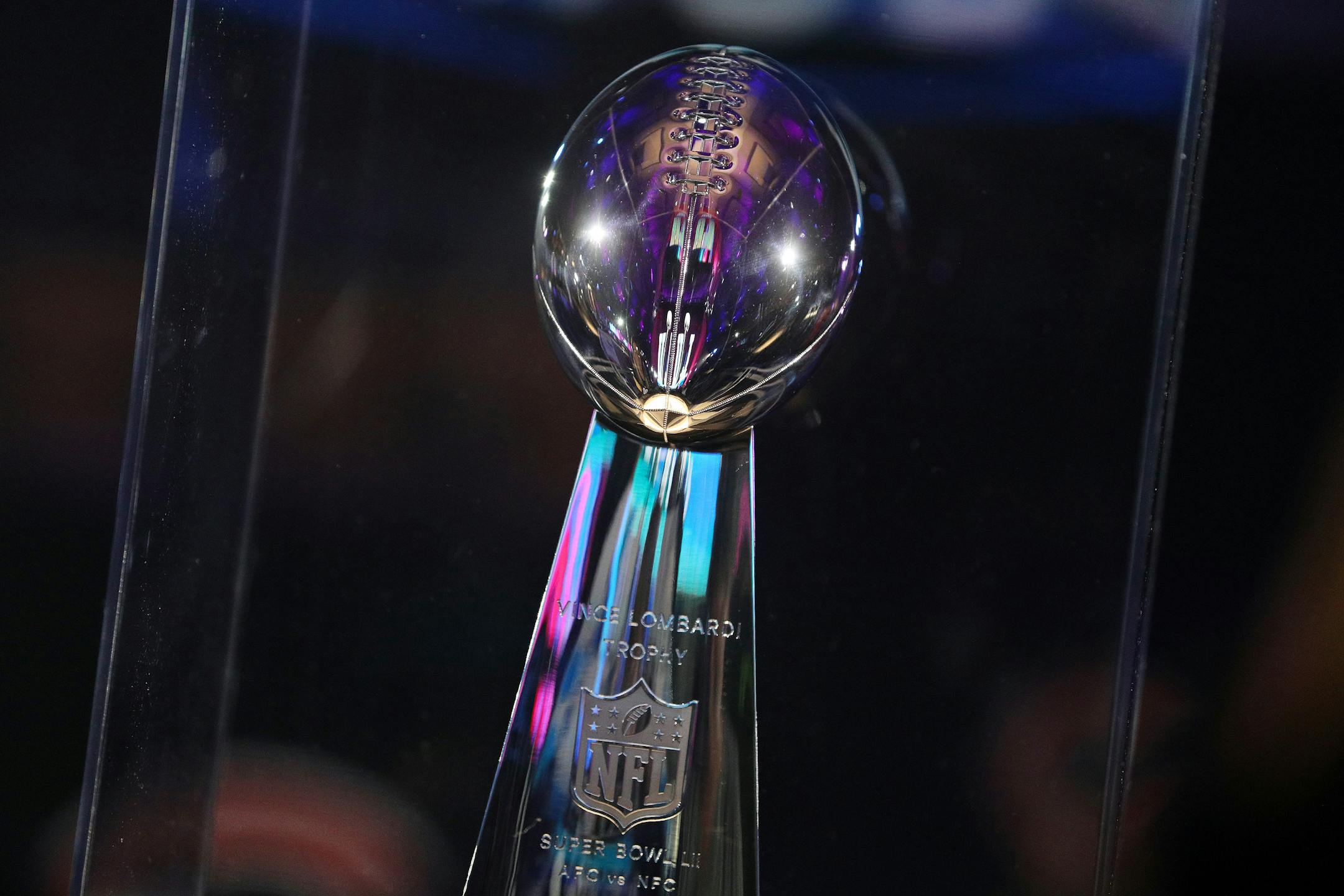 The Vince Lombardi Trophy sat on display in 2018 at the Minneapolis Convention Center.