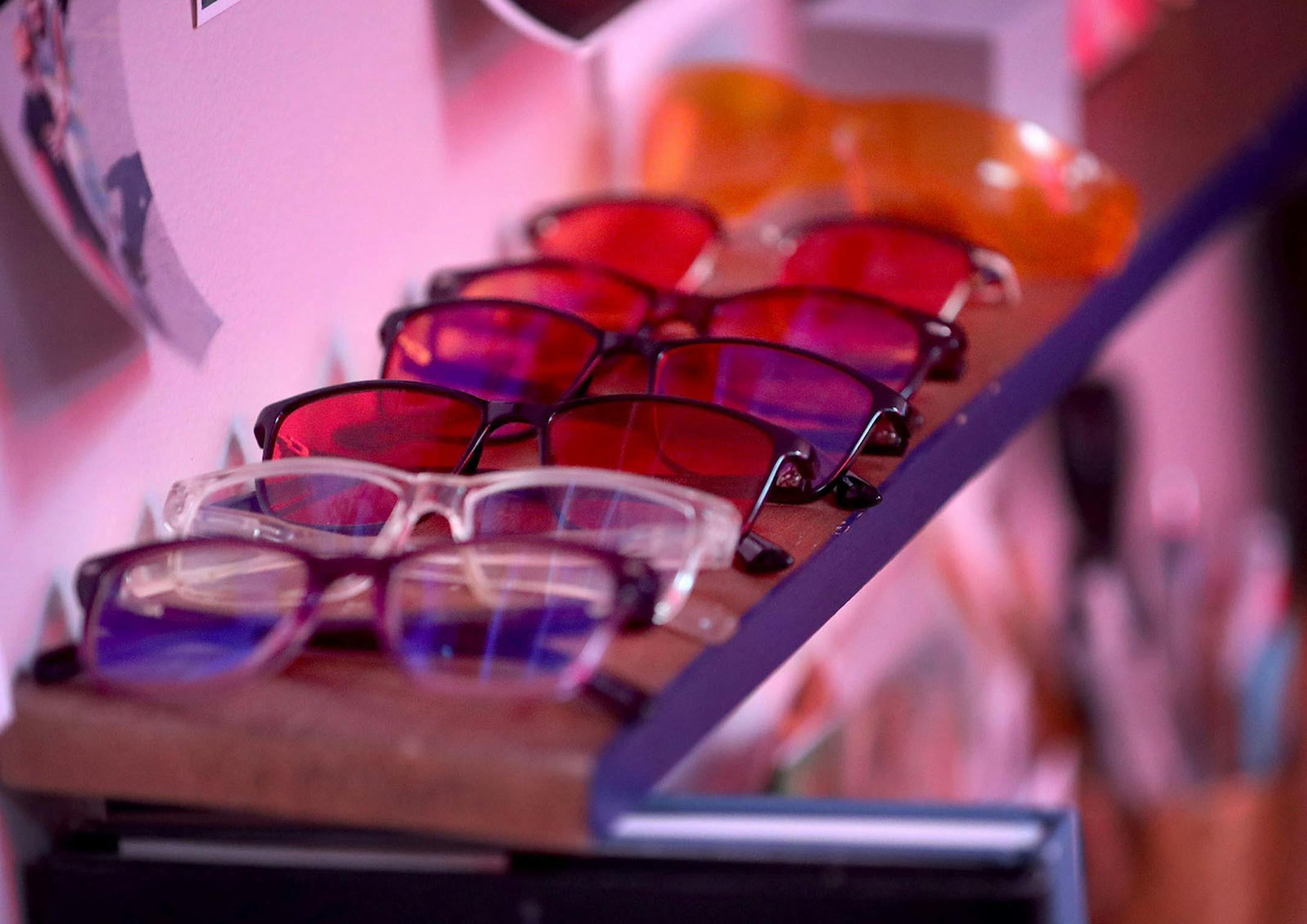 Tinted glasses used by biohackers Thaddeus Owen and Heidi Sime and their children as part of their daily routine.