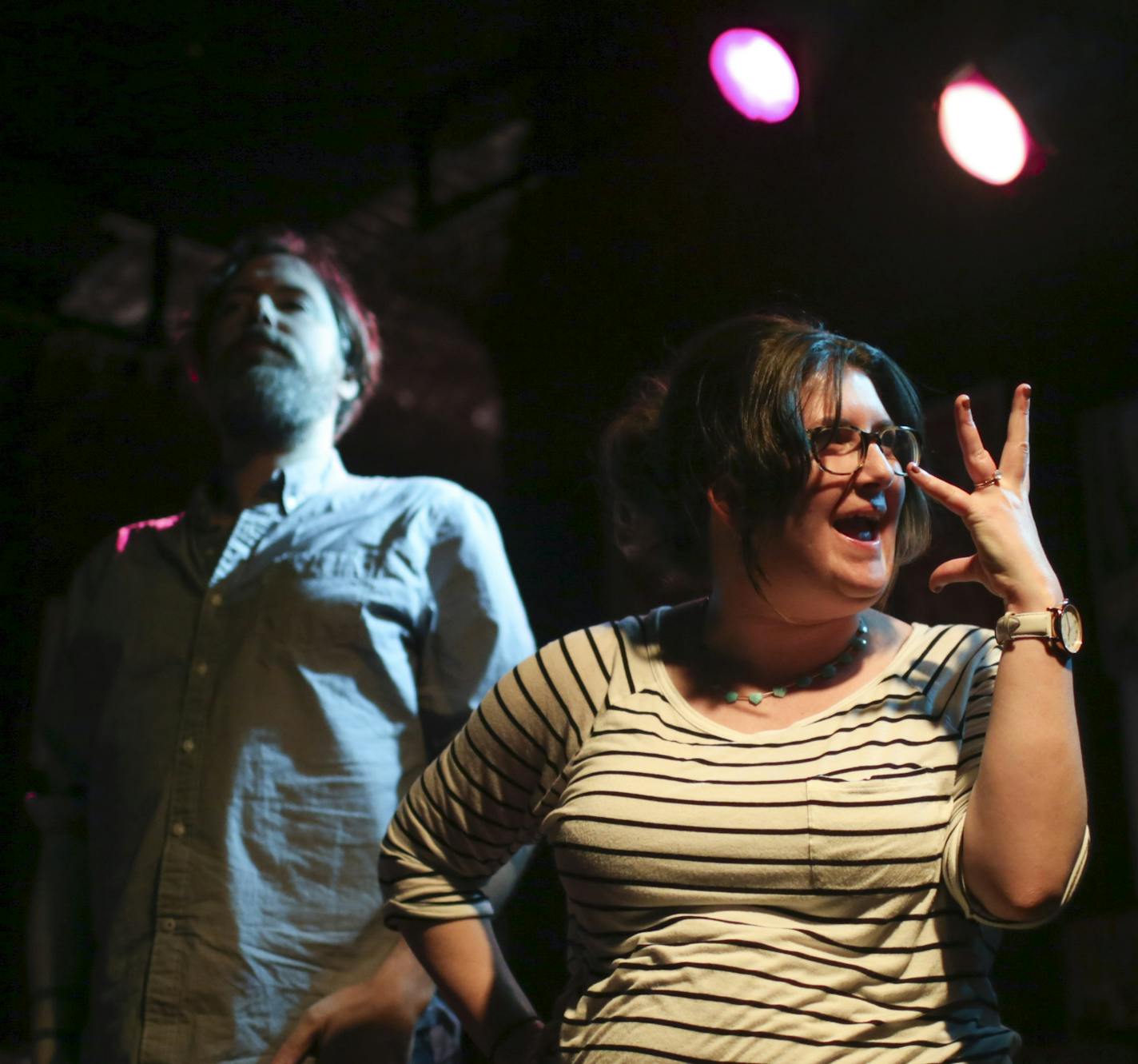 Literary Death Match finalists Mark Doten and Claire Vaye Watkins during the deciding final round Wednesday night at Nomad World Pub. ] JEFF WHEELER &#xef; jeff.wheeler@startribune.com One of the off-site events at the start of the AWP Conference & Bookfair was the Literary Death Match Wednesday night, April 8, 2015 at Nomad World Pub in Minneapolis. Four writers read their work and were judged by a panel of three all star judges.