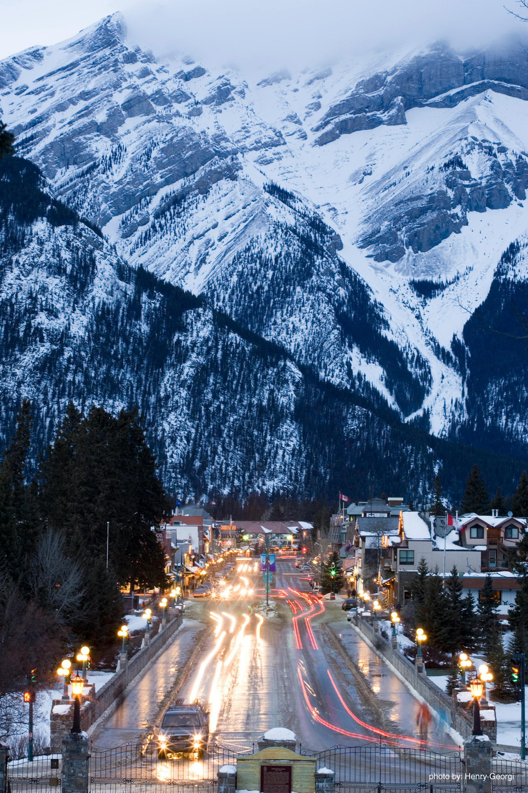 The action on Banff's Main Street continues late into the night.