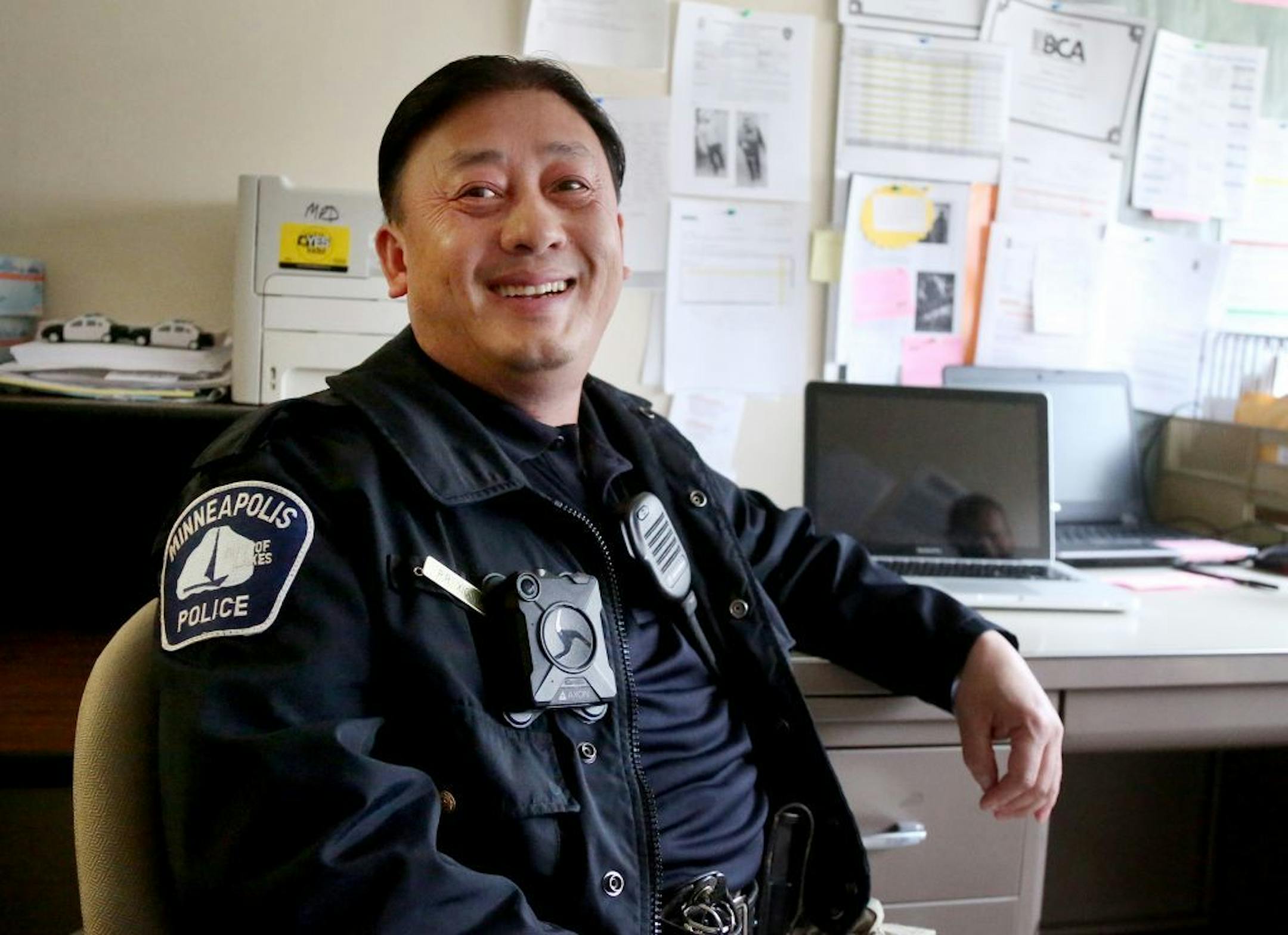 Phillip Xiong, a Minneapolis Police school resource officer (SRO) at Transition Plus High School, talked about his days as a singer as a young man while living with his family in a Thai refugee camp--his family unable to return to their home in Laos because of political instability following the end of the Vietnam War. Xiong was seen in his office at Transition Plus Wednesday, April 26, 2017, in Minneapolis, MN.