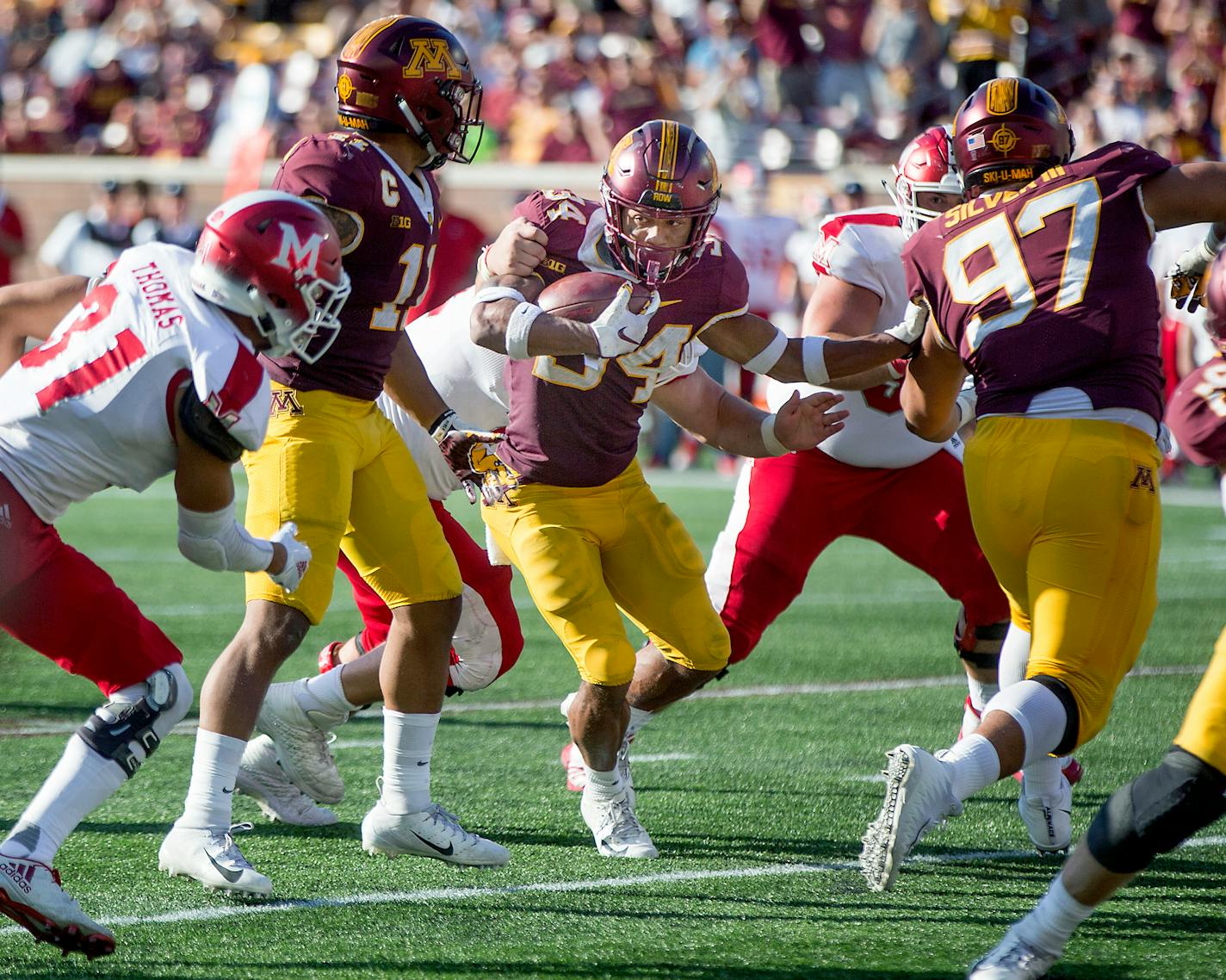 Minnesota defensive back Antonio Shenault ran with the ball after an interception during the third quarter against Miami (Ohio). But in three Big Ten games, the Gophers have forced just two turnovers.