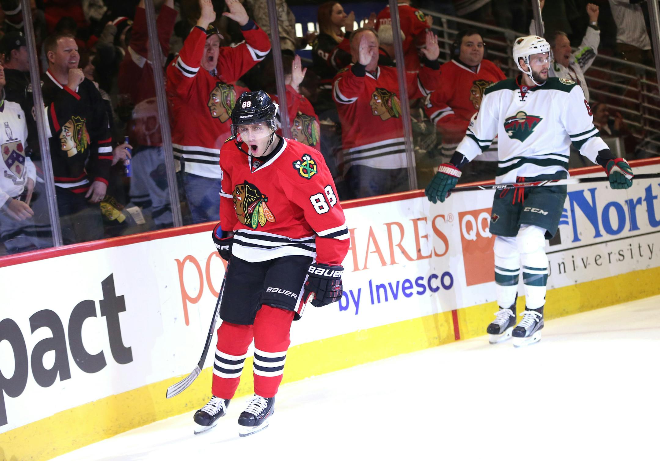 Chicago Blackhawks right wing Patrick Kane (88) celebrates after his goal against the Minnesota Wild during the first period on Sunday, Jan. 15, 2017 at the United Center in Chicago, Ill. (Nuccio DiNuzzo/Chicago Tribune/TNS) ORG XMIT: 1196086