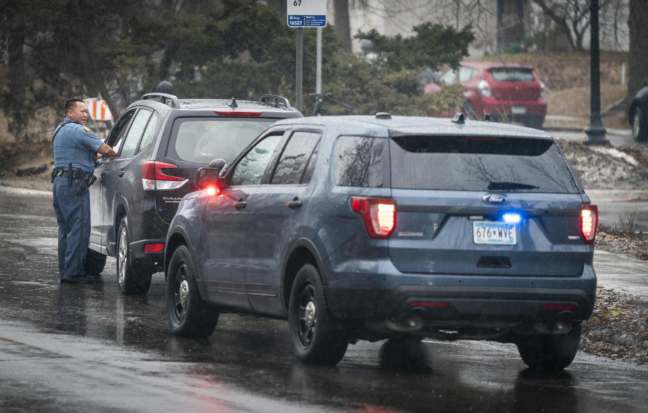 A St. Paul Police officer pulled over a speeding car on SE. Franklin Avenue in March.