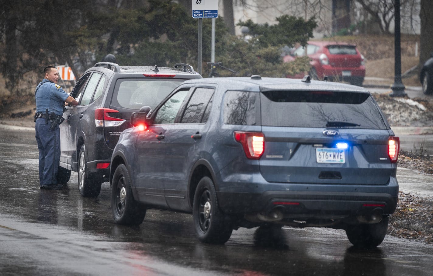 A St. Paul Police officer pulled over a speeding car on SE. Franklin Avenue in March.