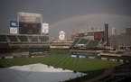 A rainbow emerged as the sudden downpour that hit Minneapolis ebbed.