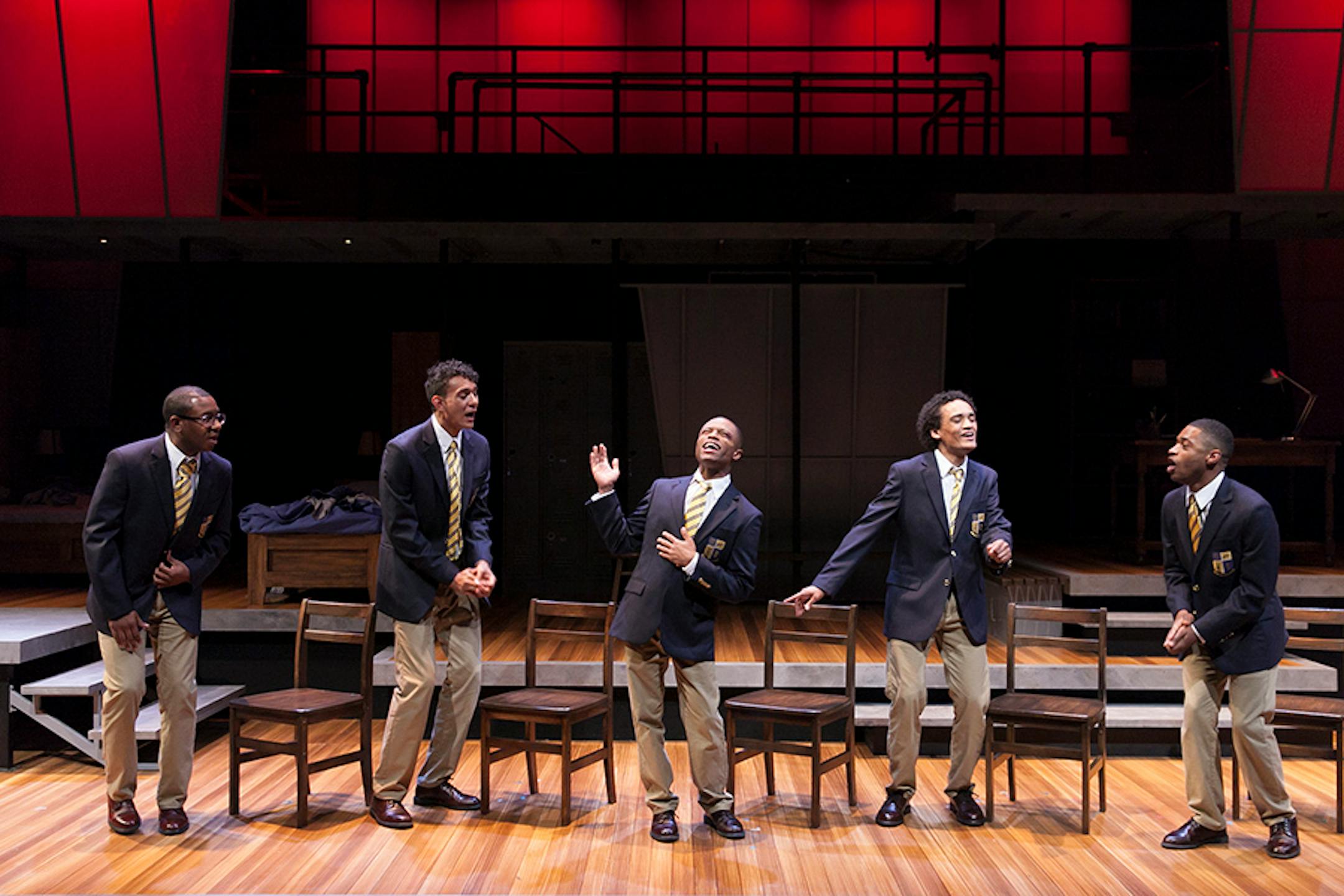 �Choir Boy� Tarell Alvin McCraney�s spare and poetic writing in this coming-of-age play �gets an equally taut treatment from Rothstein. � At the end of Friday�s opening, outgoing Guthrie director Joe Dowling pronounced the show �extraordinary.� Indeed, it is.� Darrick Mosley (Robert "Bobby" Marrow III), Ryan Colbert (Antony Justin "A.J." James), John-Michael Lyles (Pharus Jonathan Young), Nathan Barlow (David Heard) and Kory LaQuess Pullam (Junior Davis) in the Guthrie Theater's production of Ch