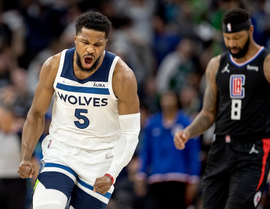Malik Beasley of the Timberwolves reacts after making a three pointer in the second quarter against the Clippers.