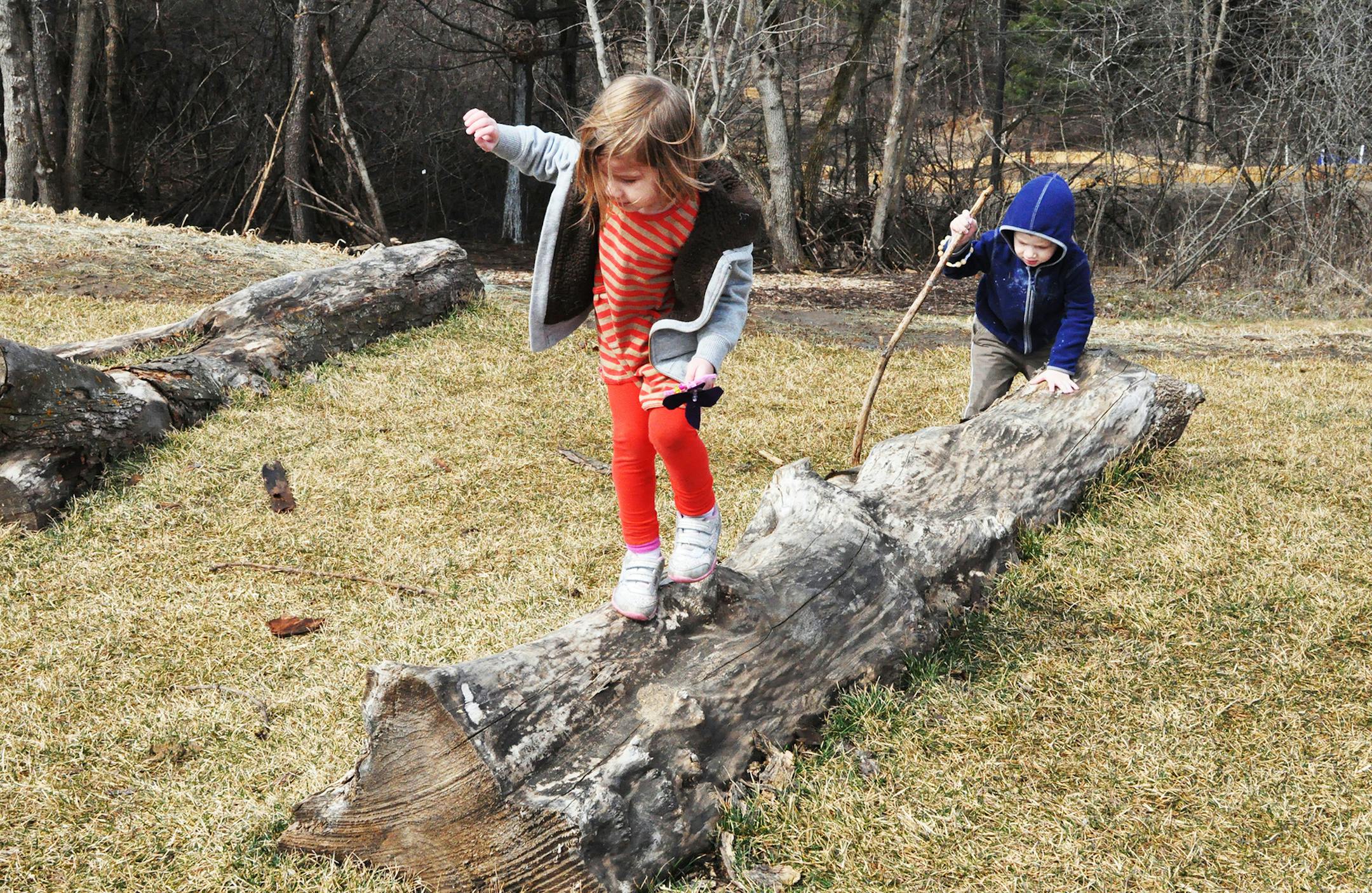 Abigail, 4, and Ryan Skibbe, 3, of Apple Valley, practiced their balance on logs at Fawn Crossing. Photo by Liz Rolfsmeier, Special to the Star Tribune
