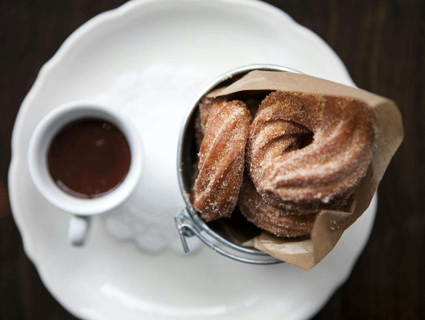 Churros with chocolate coffee dipping sauce.