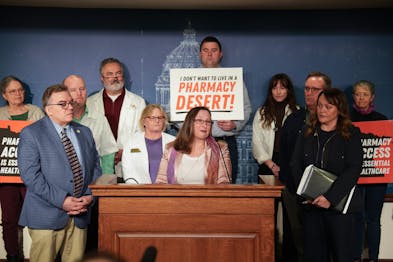 Lawmakers, pharmacy owners and patients came to the State Capitol to support bills that would maintain patient access to pharmacy care. Here, Rep. Kri